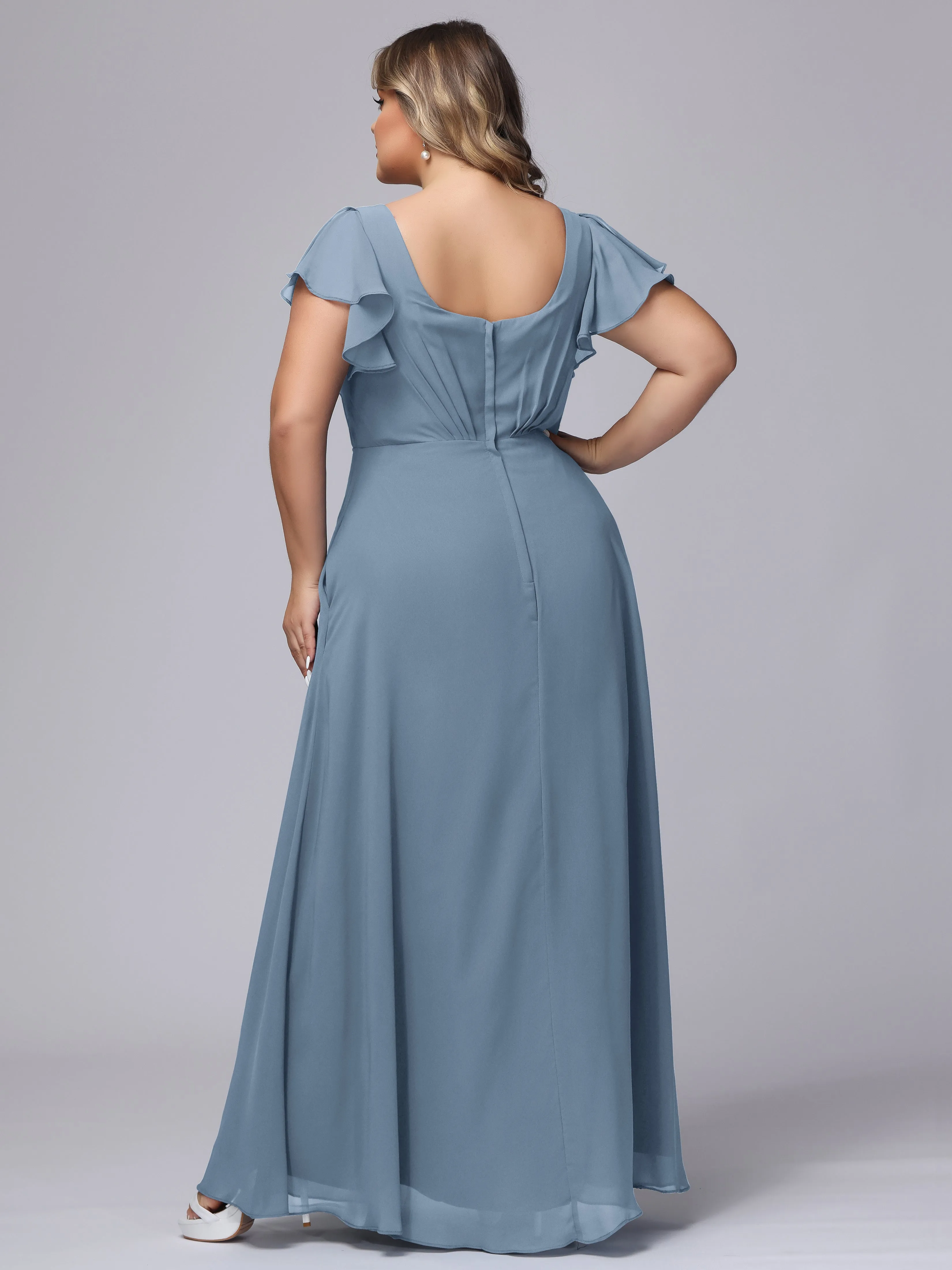 A-line Short Sleeves V-neck Chiffon Plus Size Long Bridesmaid Dresses