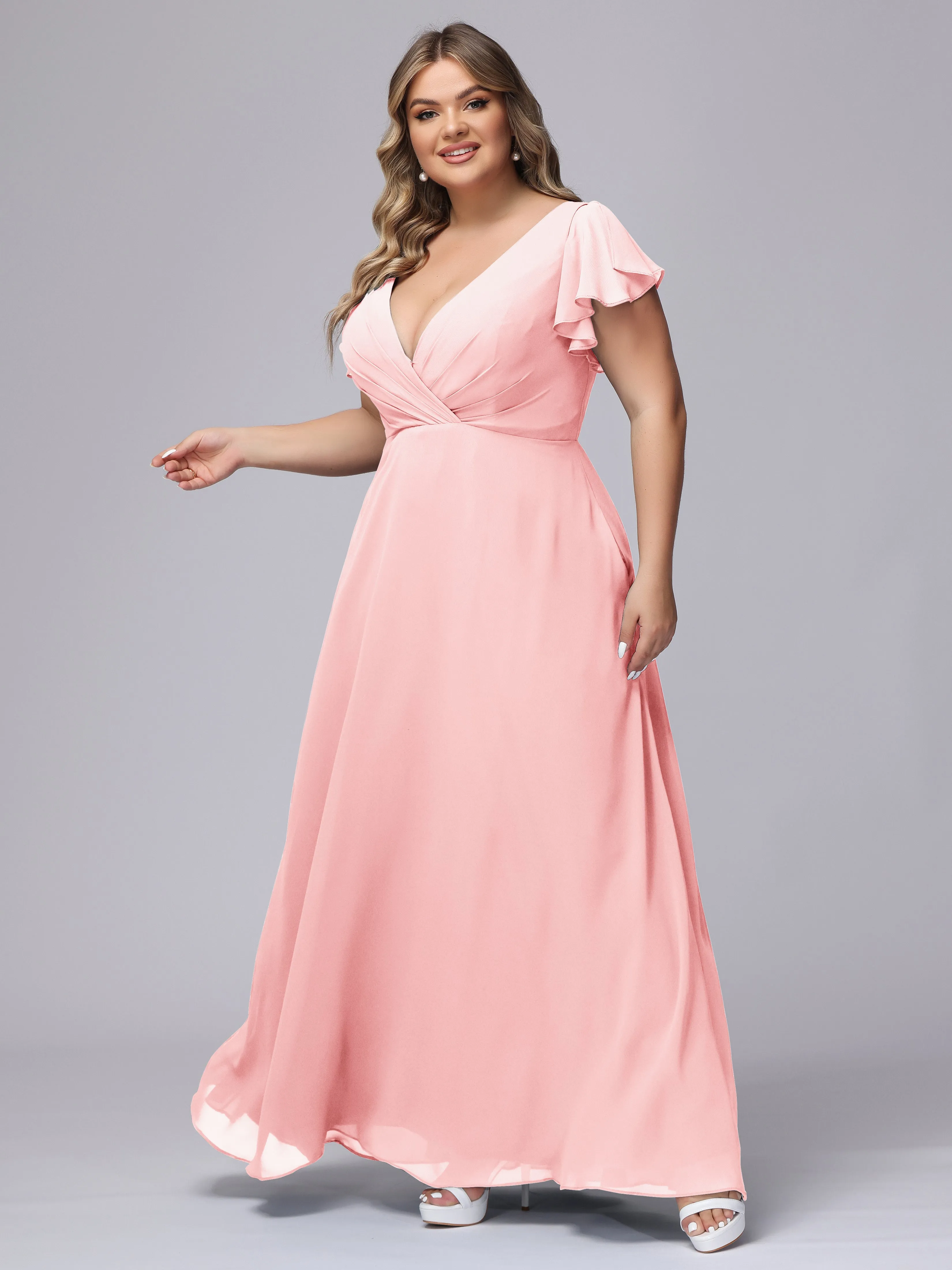 A-line Short Sleeves V-neck Chiffon Plus Size Long Bridesmaid Dresses