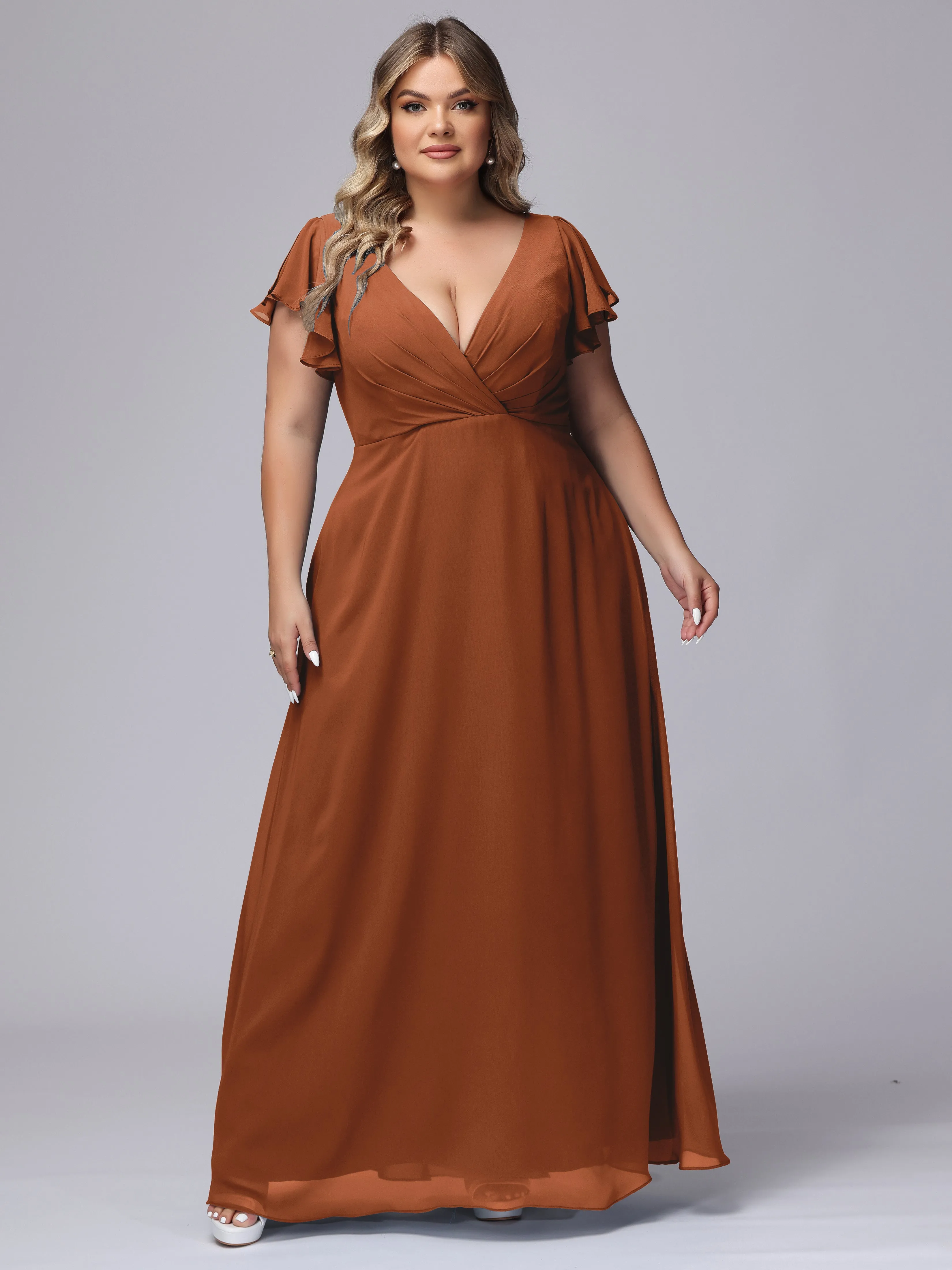 A-line Short Sleeves V-neck Chiffon Plus Size Long Bridesmaid Dresses