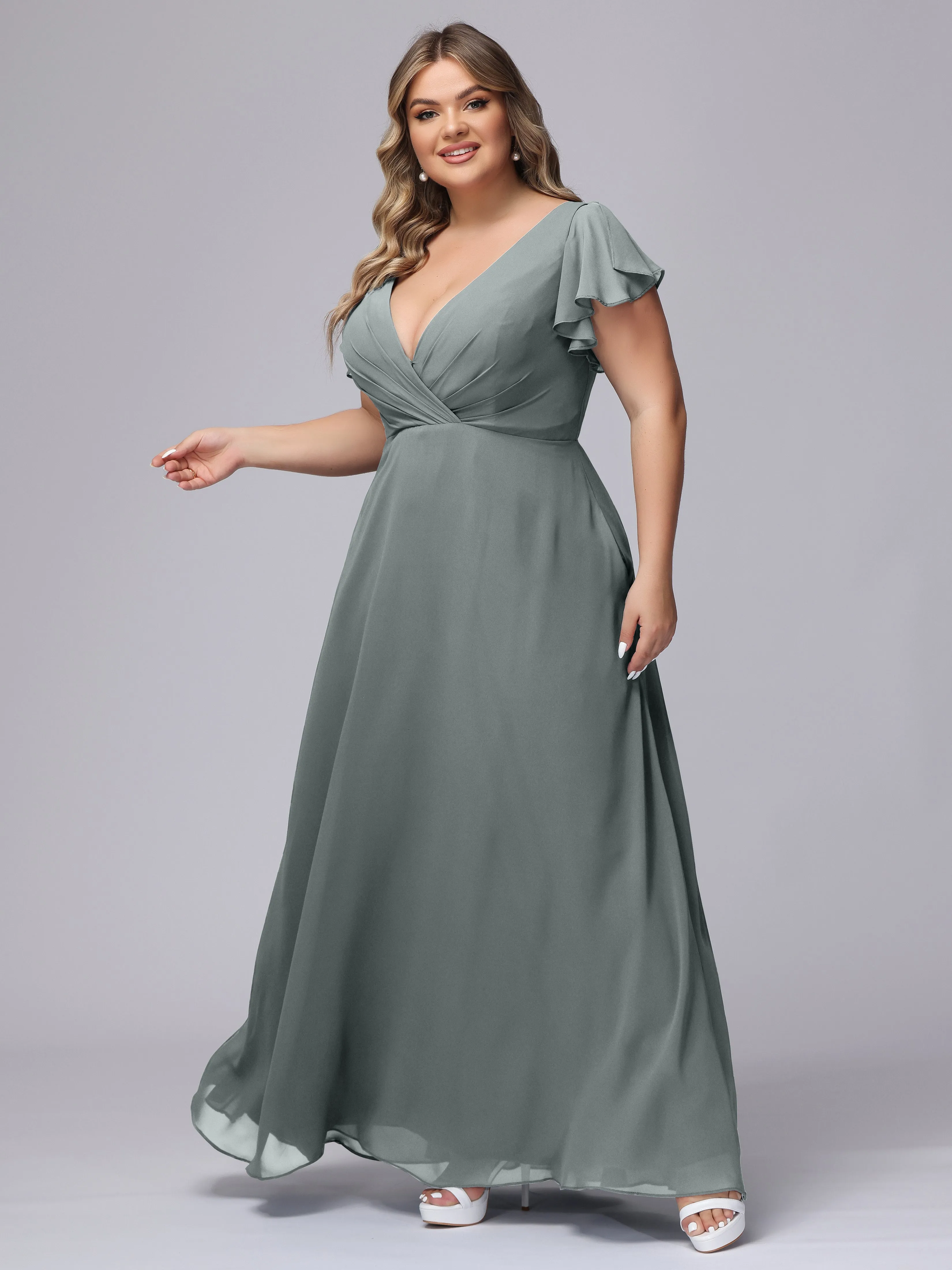 A-line Short Sleeves V-neck Chiffon Plus Size Long Bridesmaid Dresses