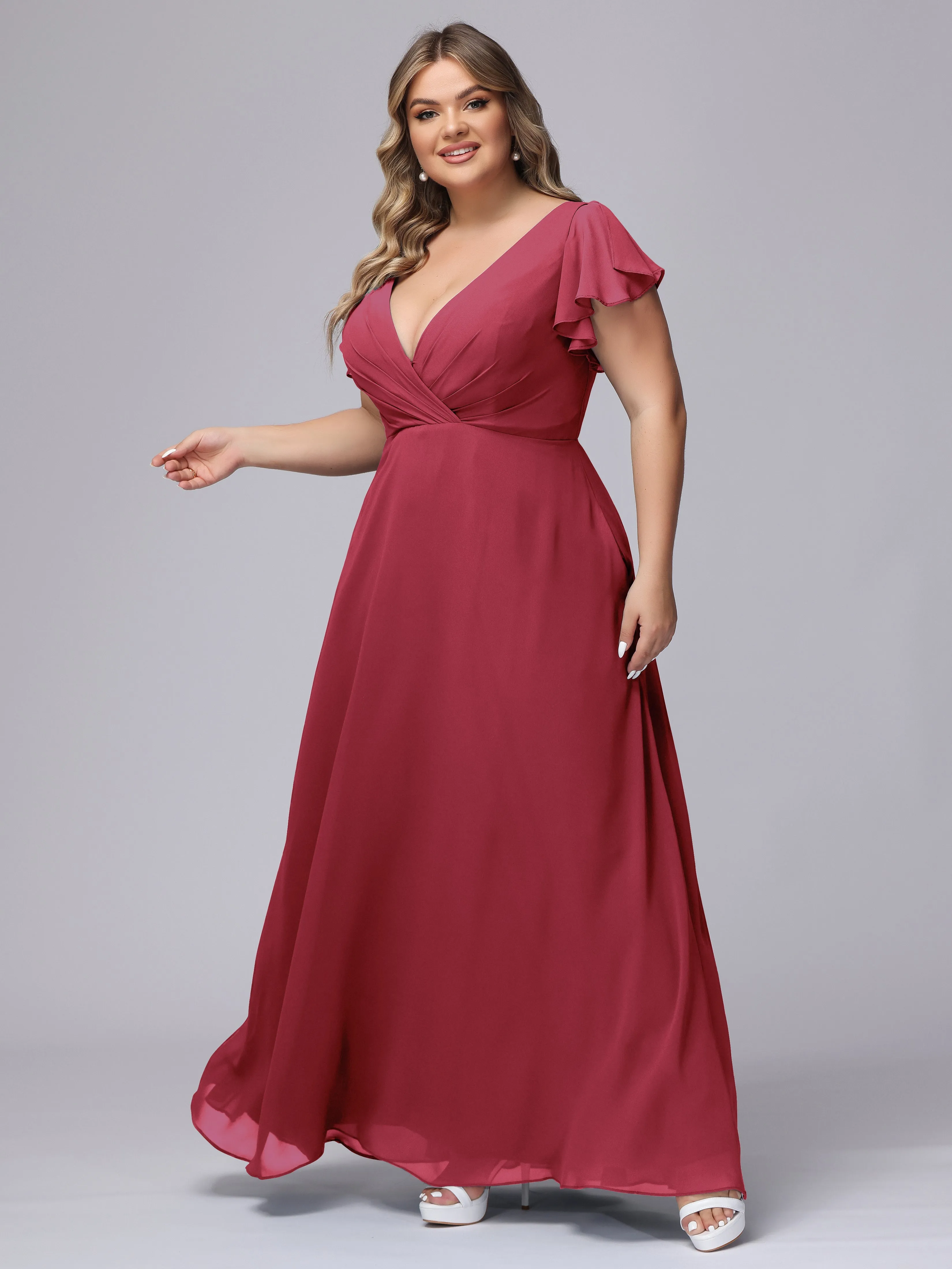 A-line Short Sleeves V-neck Chiffon Plus Size Long Bridesmaid Dresses