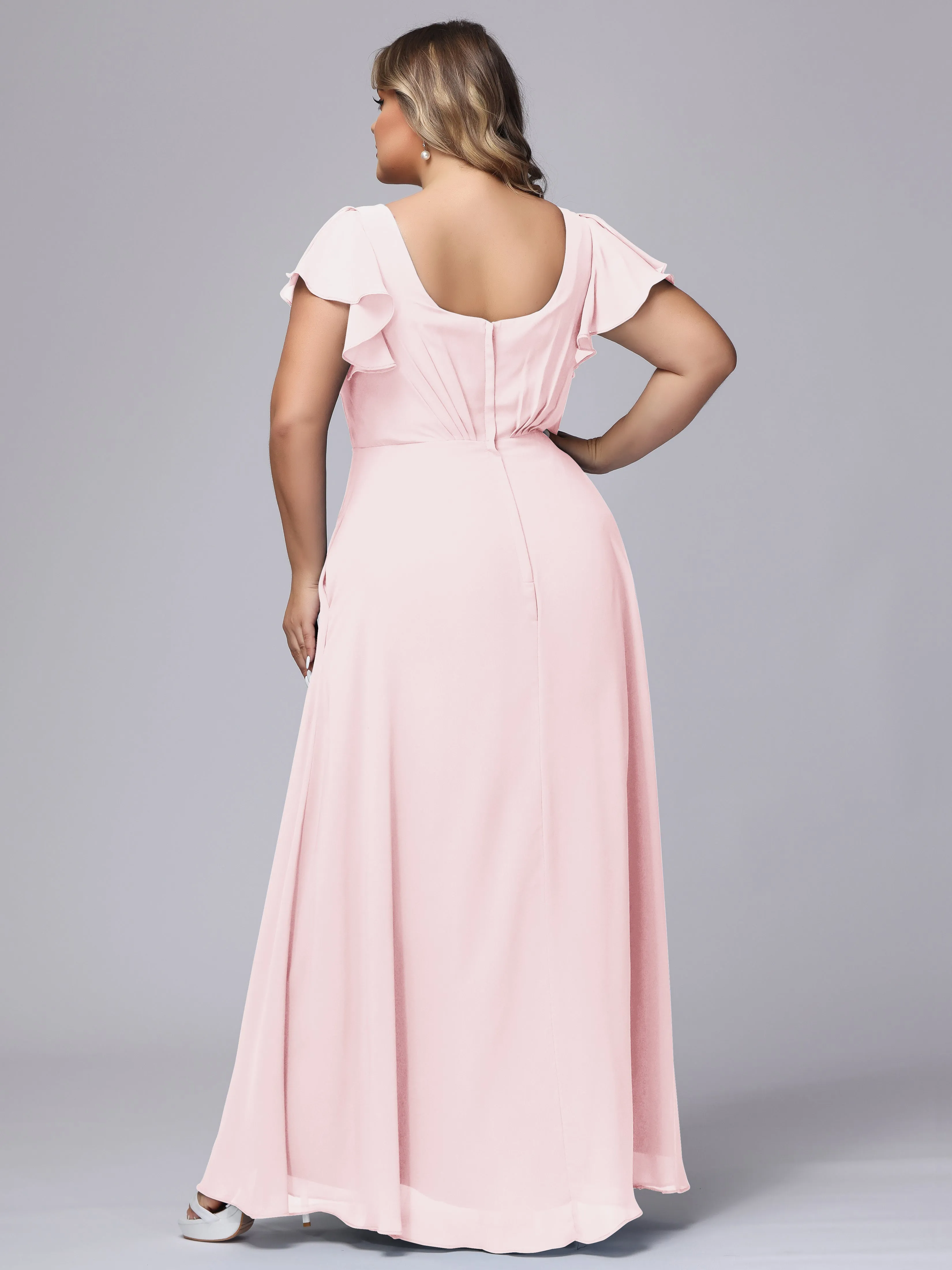A-line Short Sleeves V-neck Chiffon Plus Size Long Bridesmaid Dresses