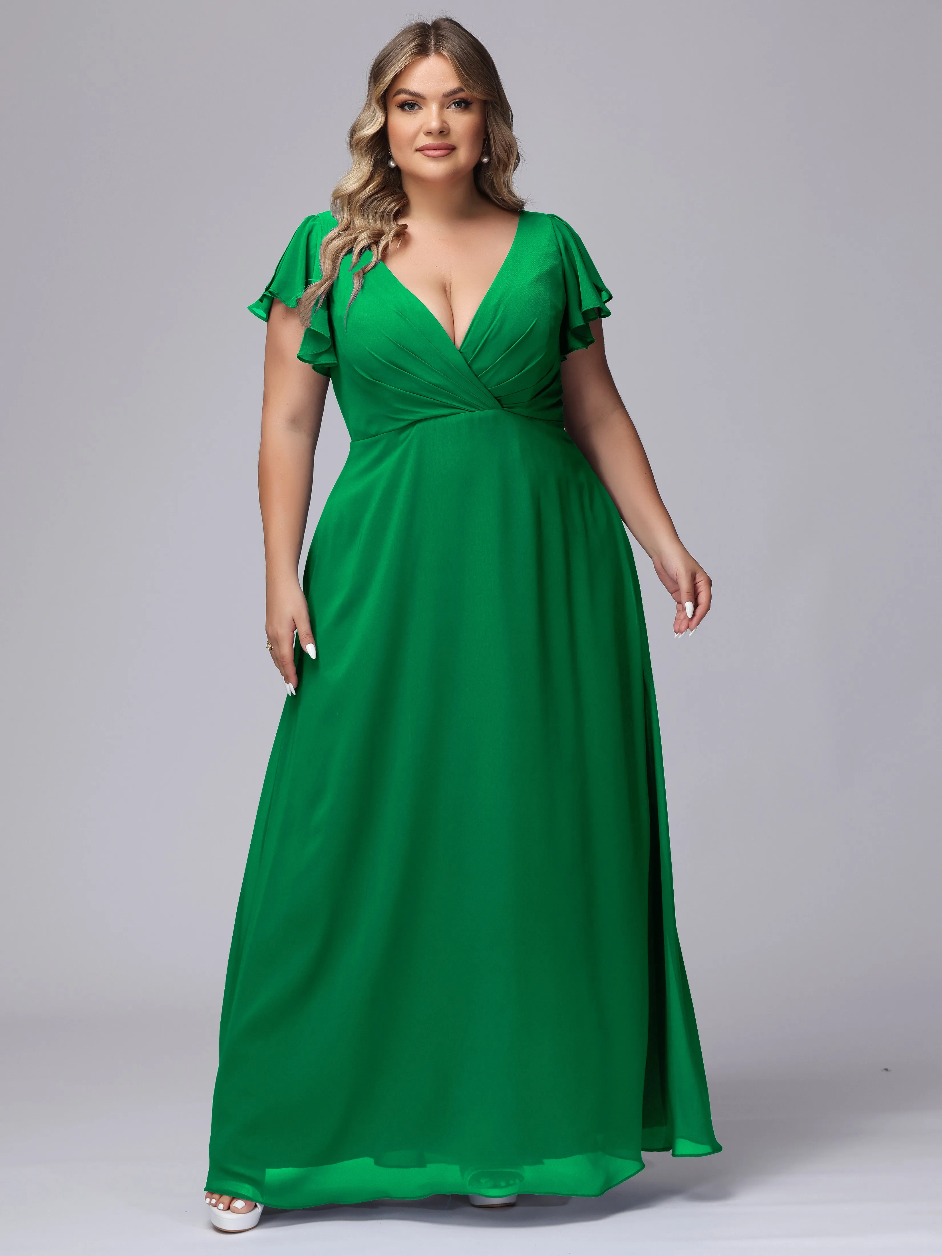 A-line Short Sleeves V-neck Chiffon Plus Size Long Bridesmaid Dresses