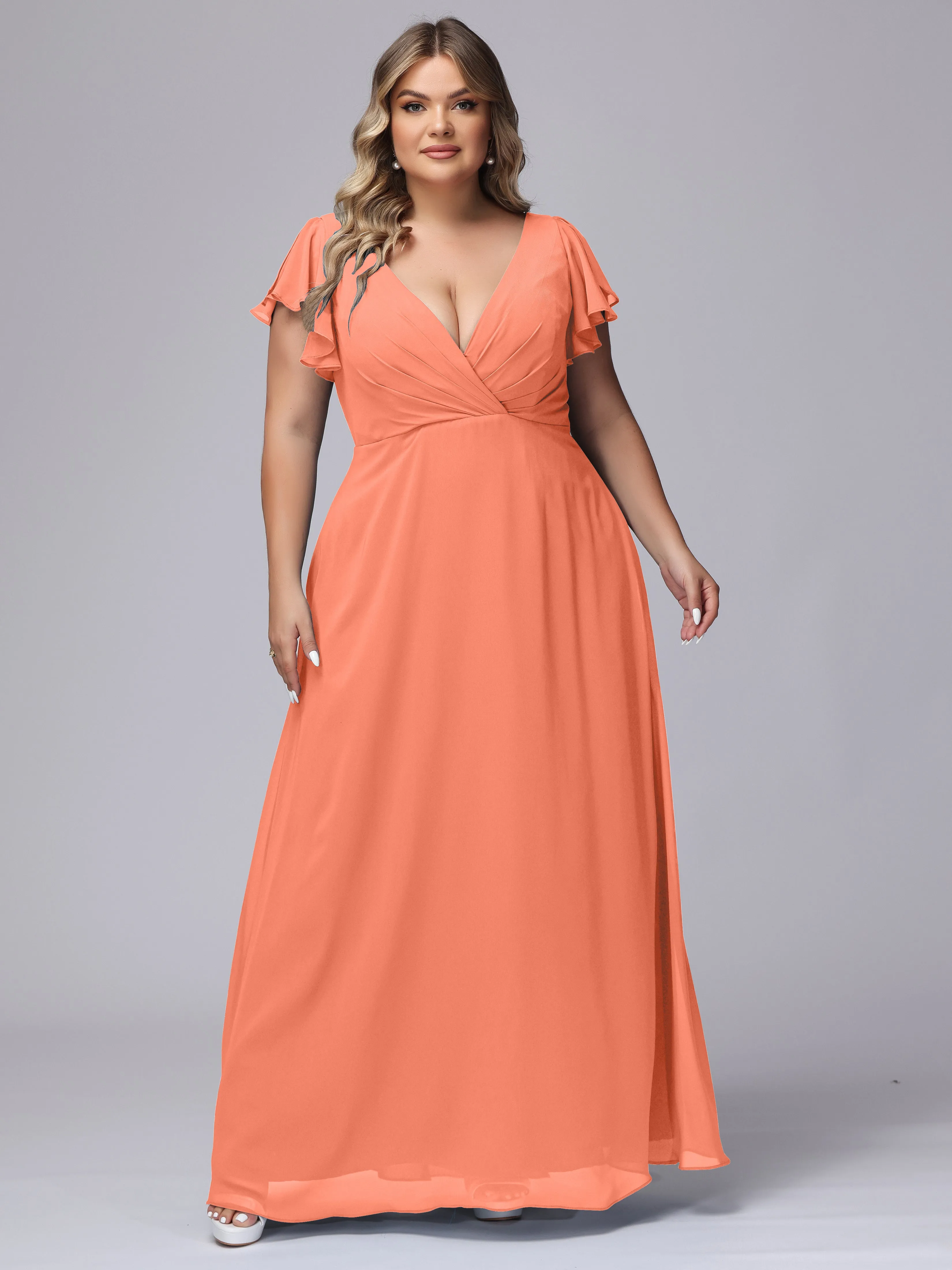 A-line Short Sleeves V-neck Chiffon Plus Size Long Bridesmaid Dresses