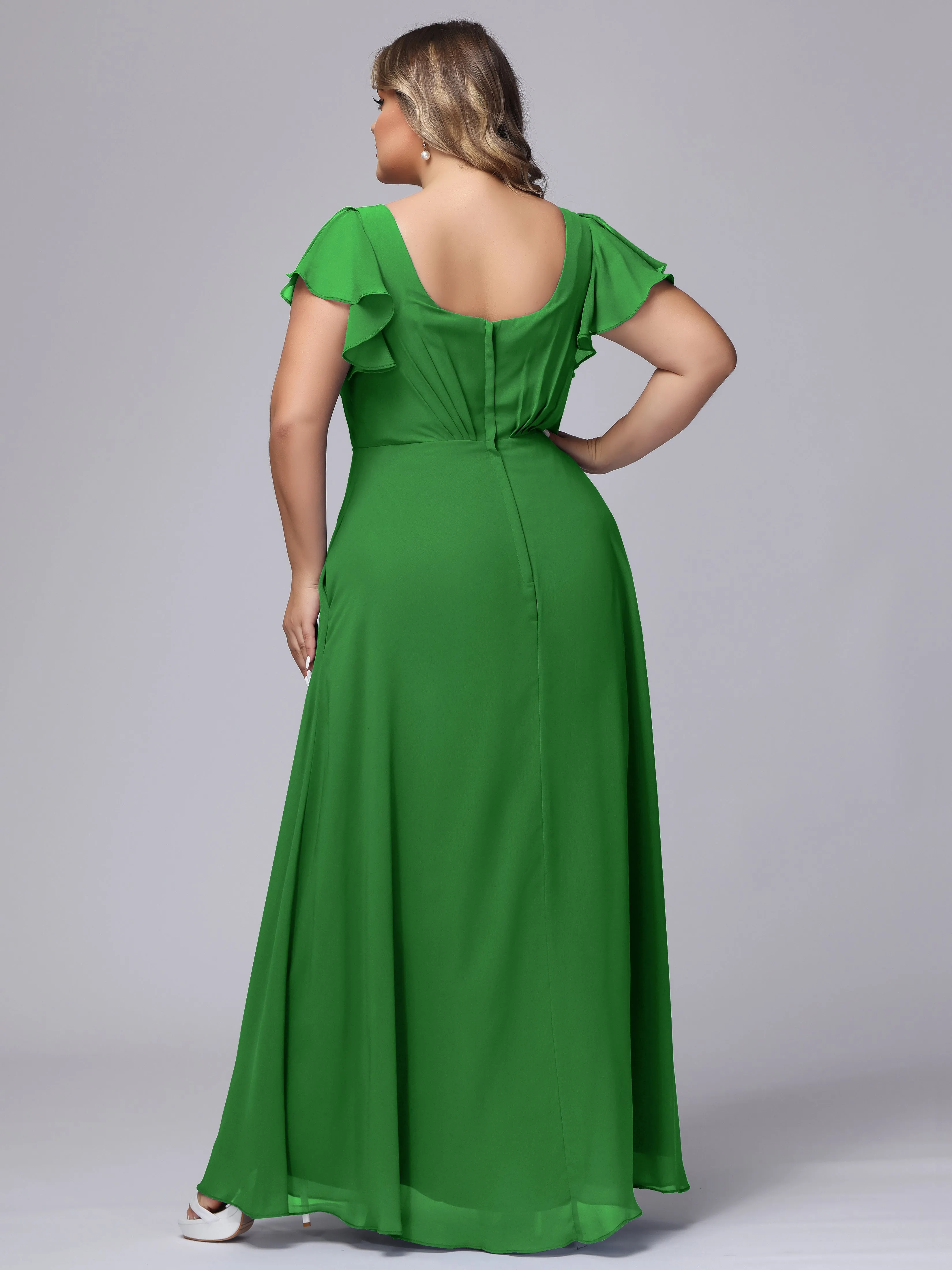 A-line Short Sleeves V-neck Chiffon Plus Size Long Bridesmaid Dresses