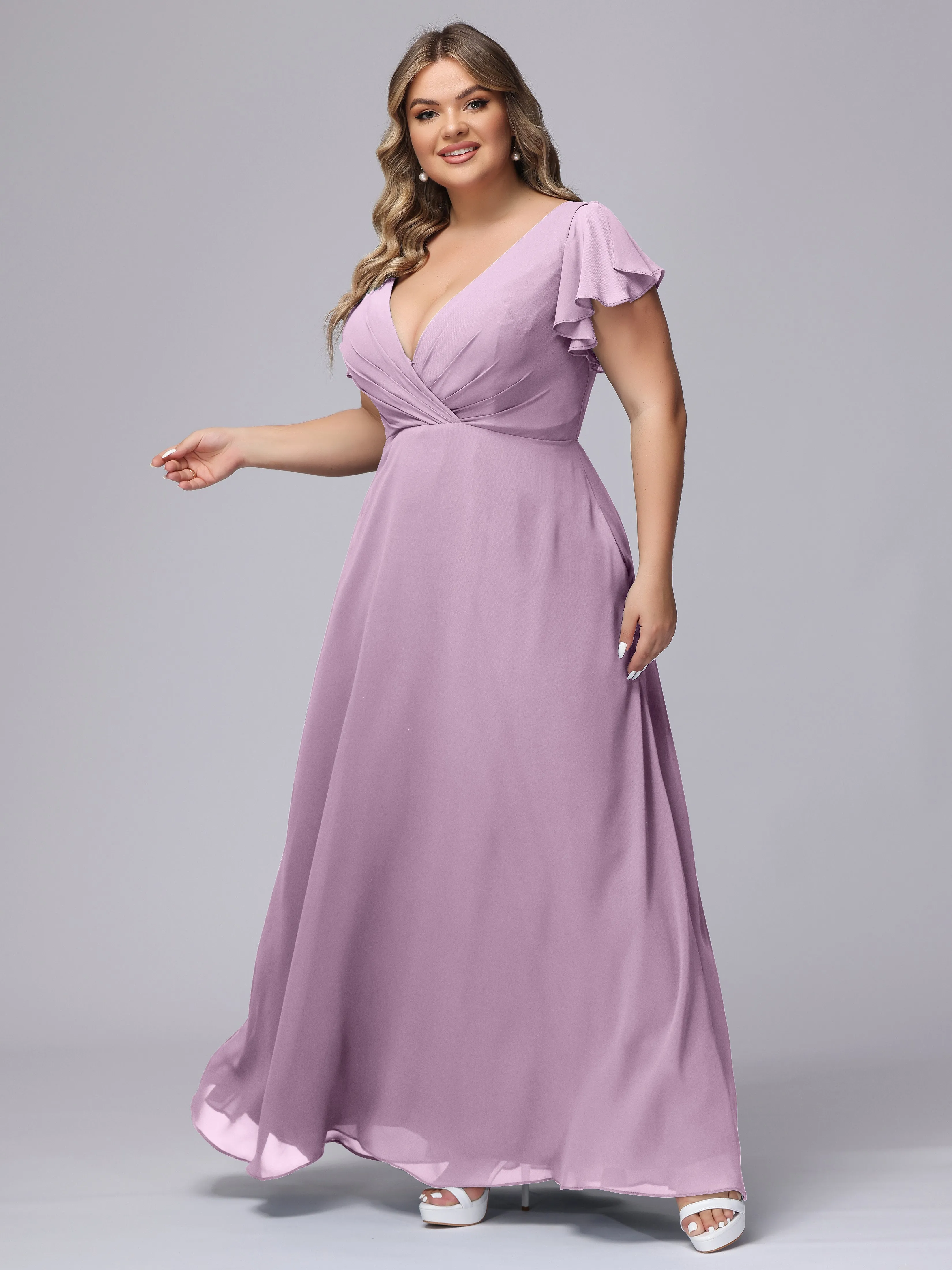 A-line Short Sleeves V-neck Chiffon Plus Size Long Bridesmaid Dresses