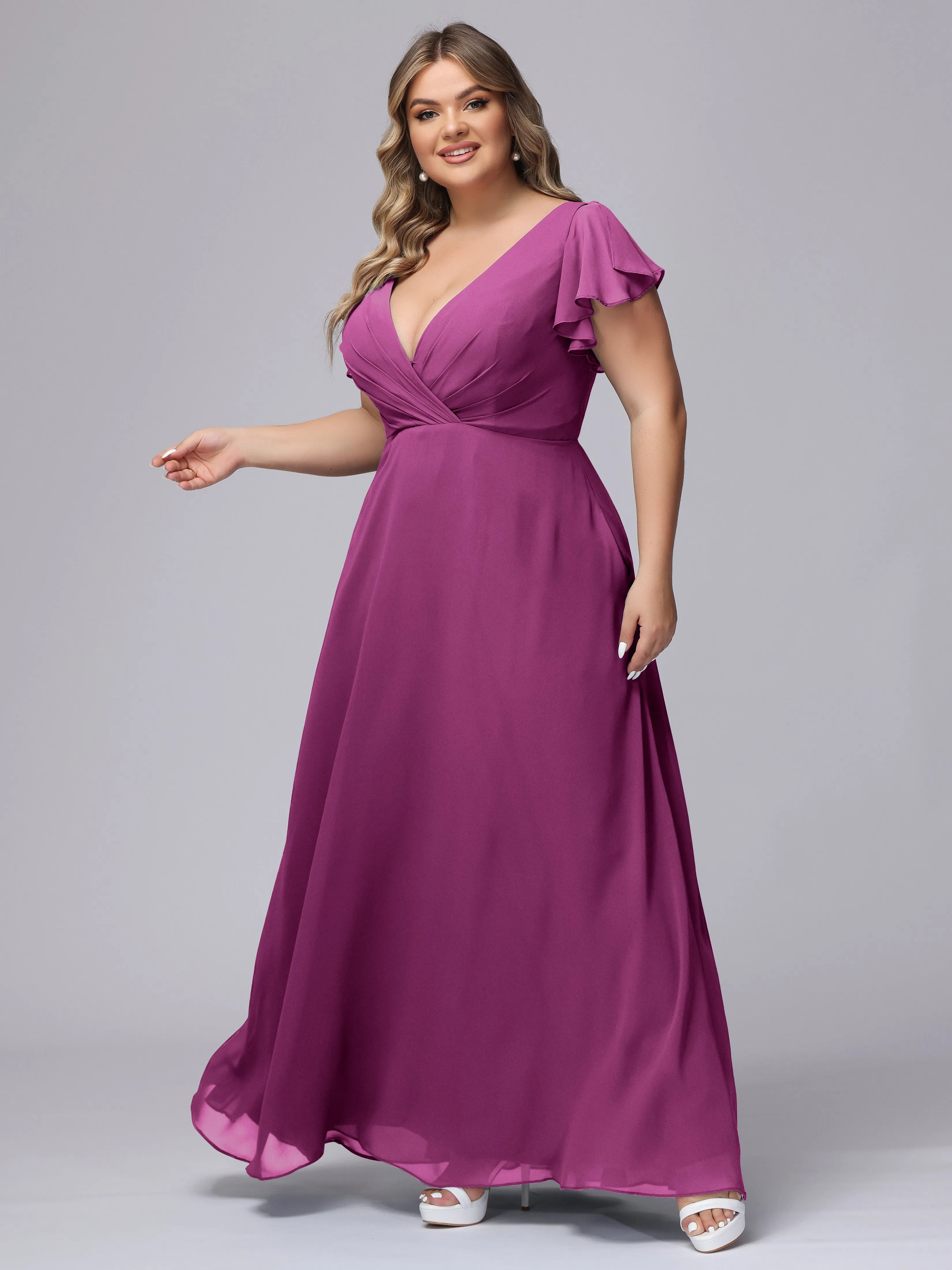 A-line Short Sleeves V-neck Chiffon Plus Size Long Bridesmaid Dresses