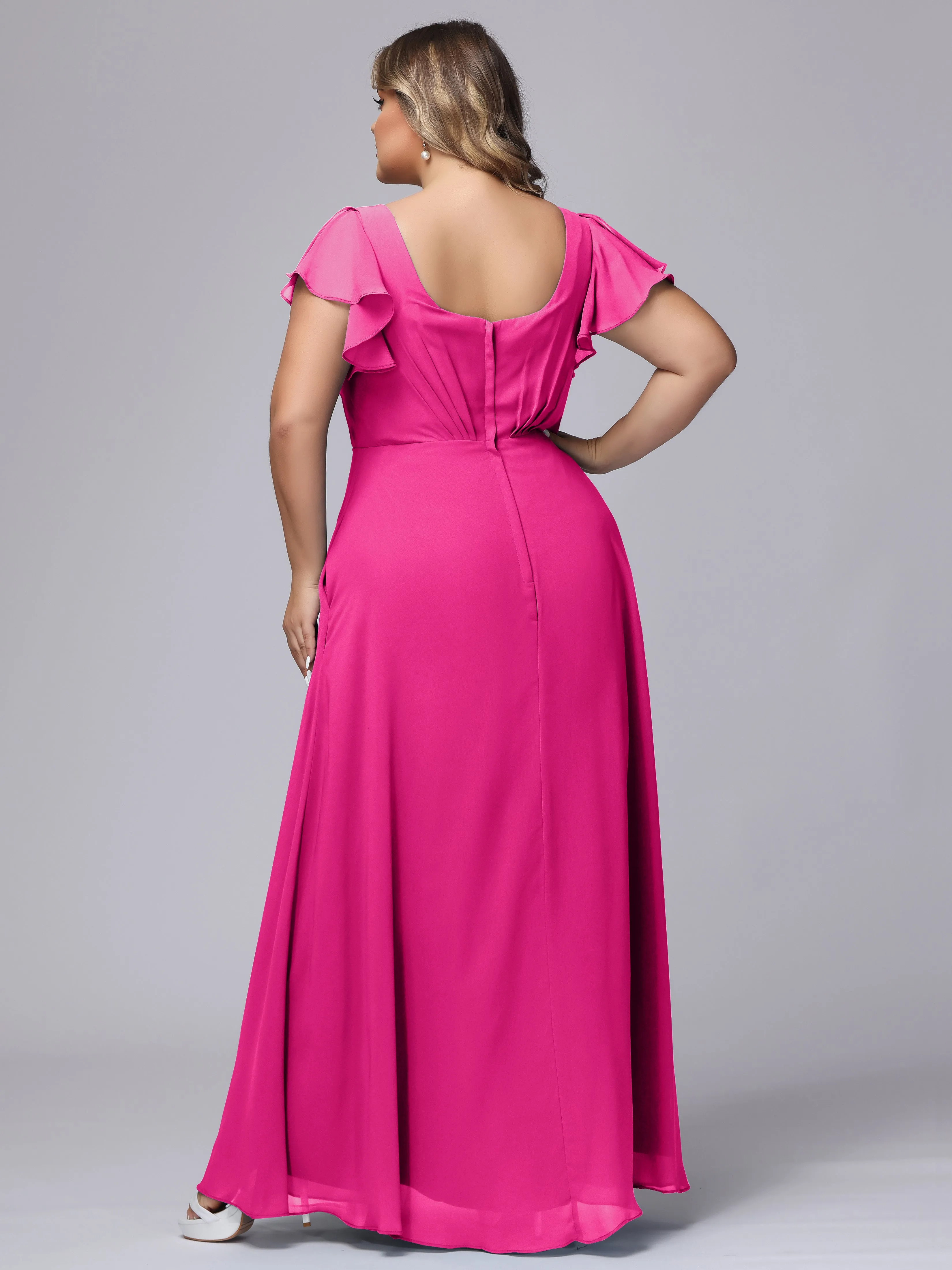 A-line Short Sleeves V-neck Chiffon Plus Size Long Bridesmaid Dresses