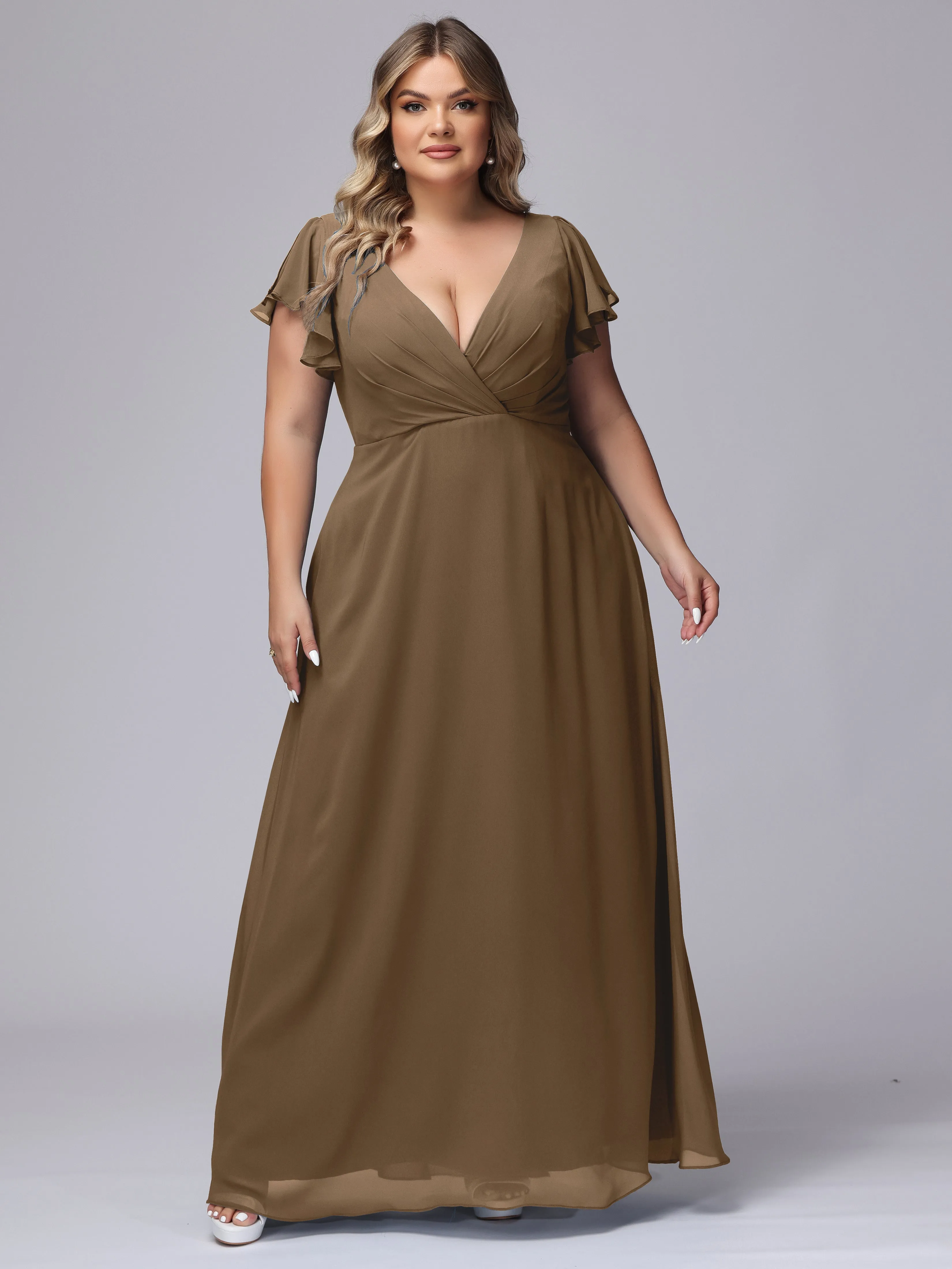 A-line Short Sleeves V-neck Chiffon Plus Size Long Bridesmaid Dresses