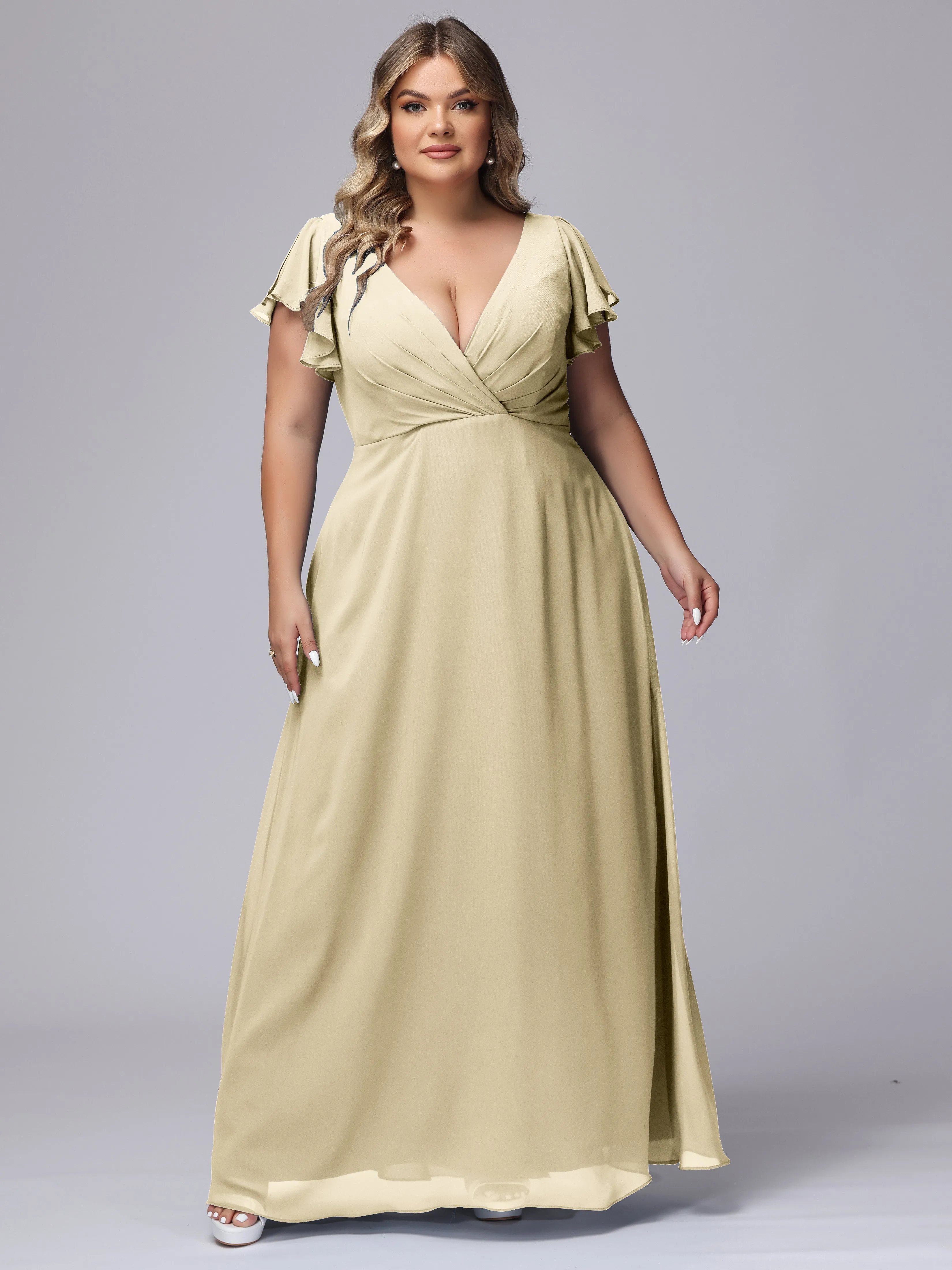 A-line Short Sleeves V-neck Chiffon Plus Size Long Bridesmaid Dresses