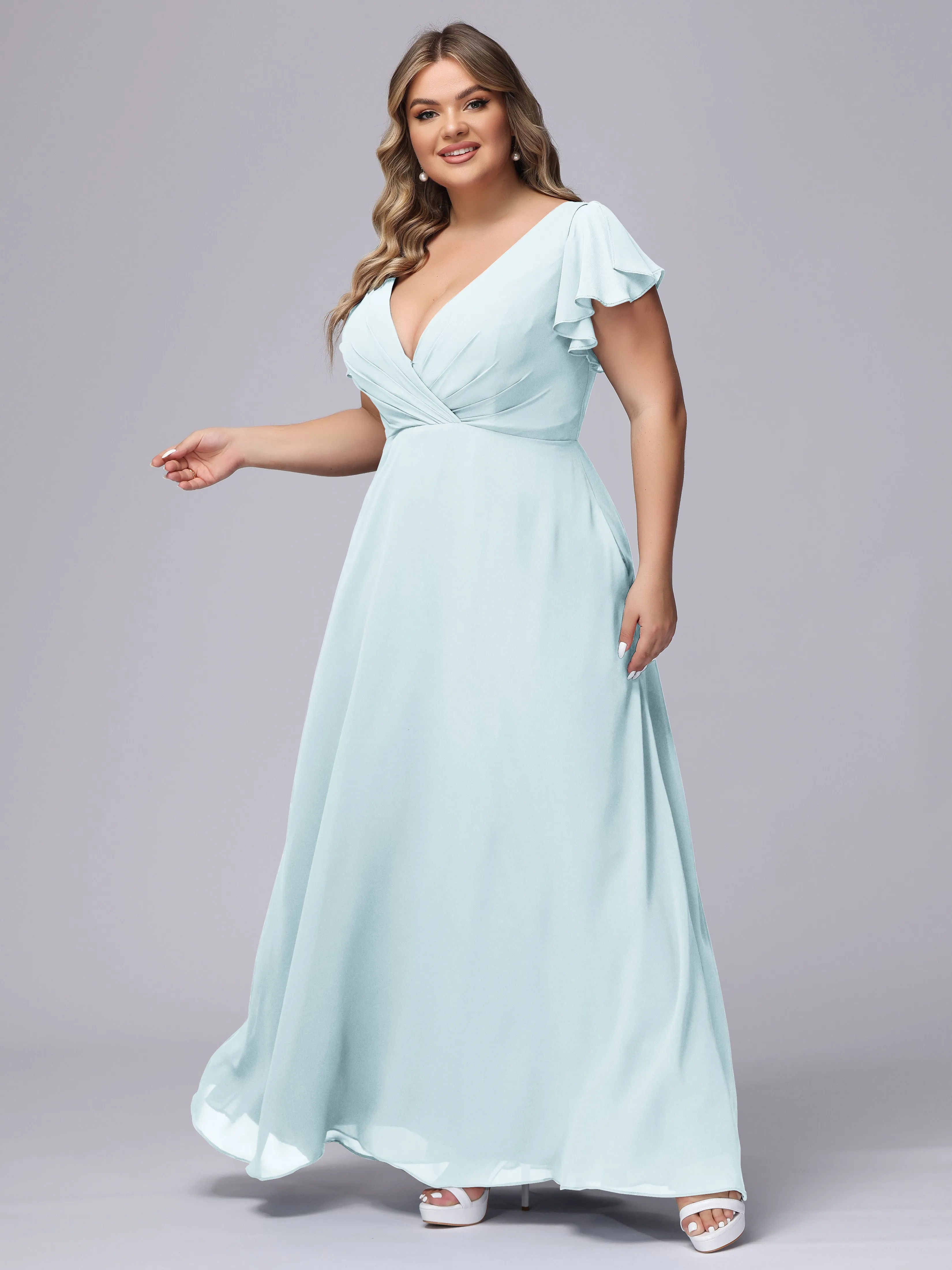 A-line Short Sleeves V-neck Chiffon Plus Size Long Bridesmaid Dresses