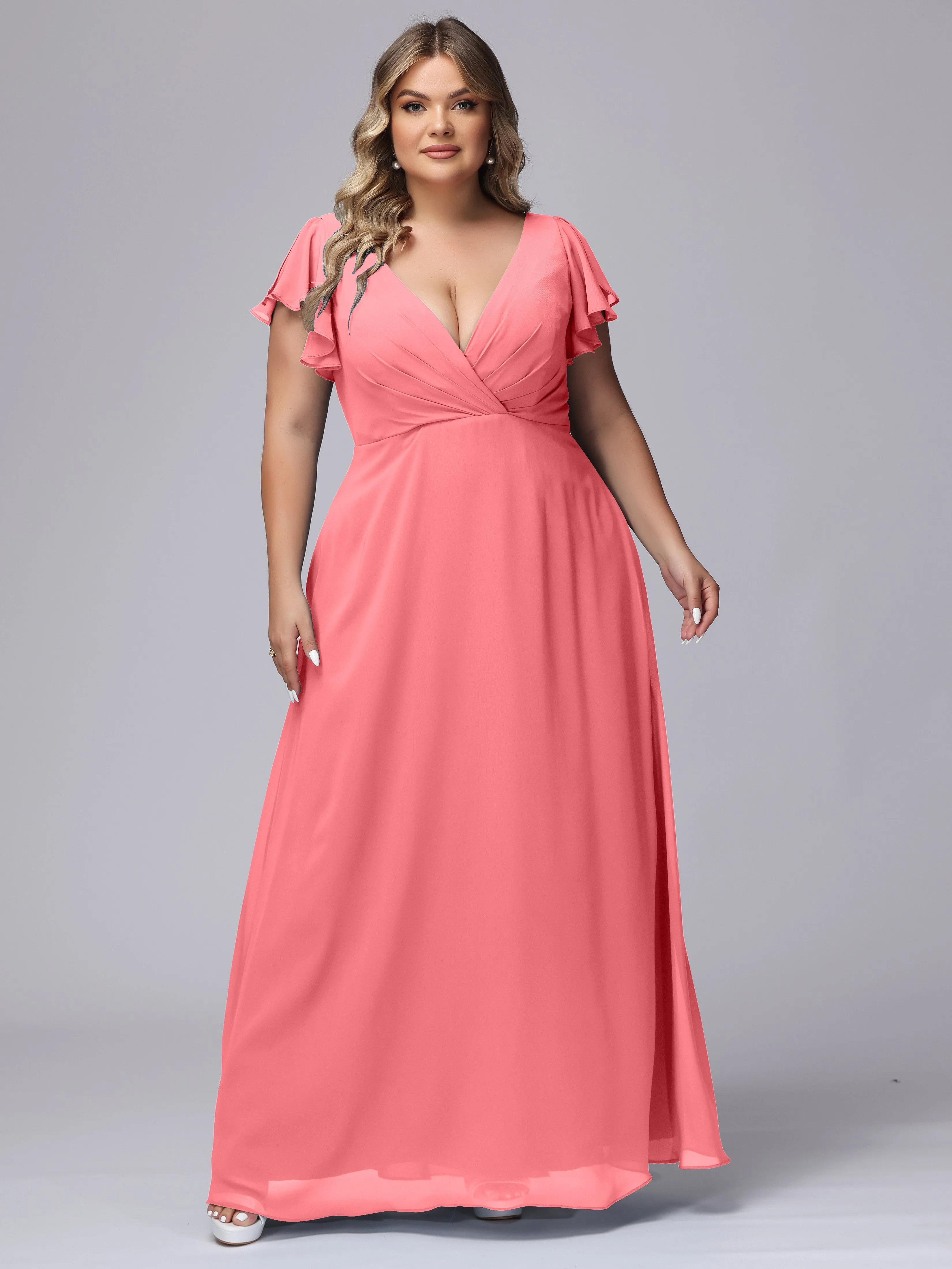 A-line Short Sleeves V-neck Chiffon Plus Size Long Bridesmaid Dresses