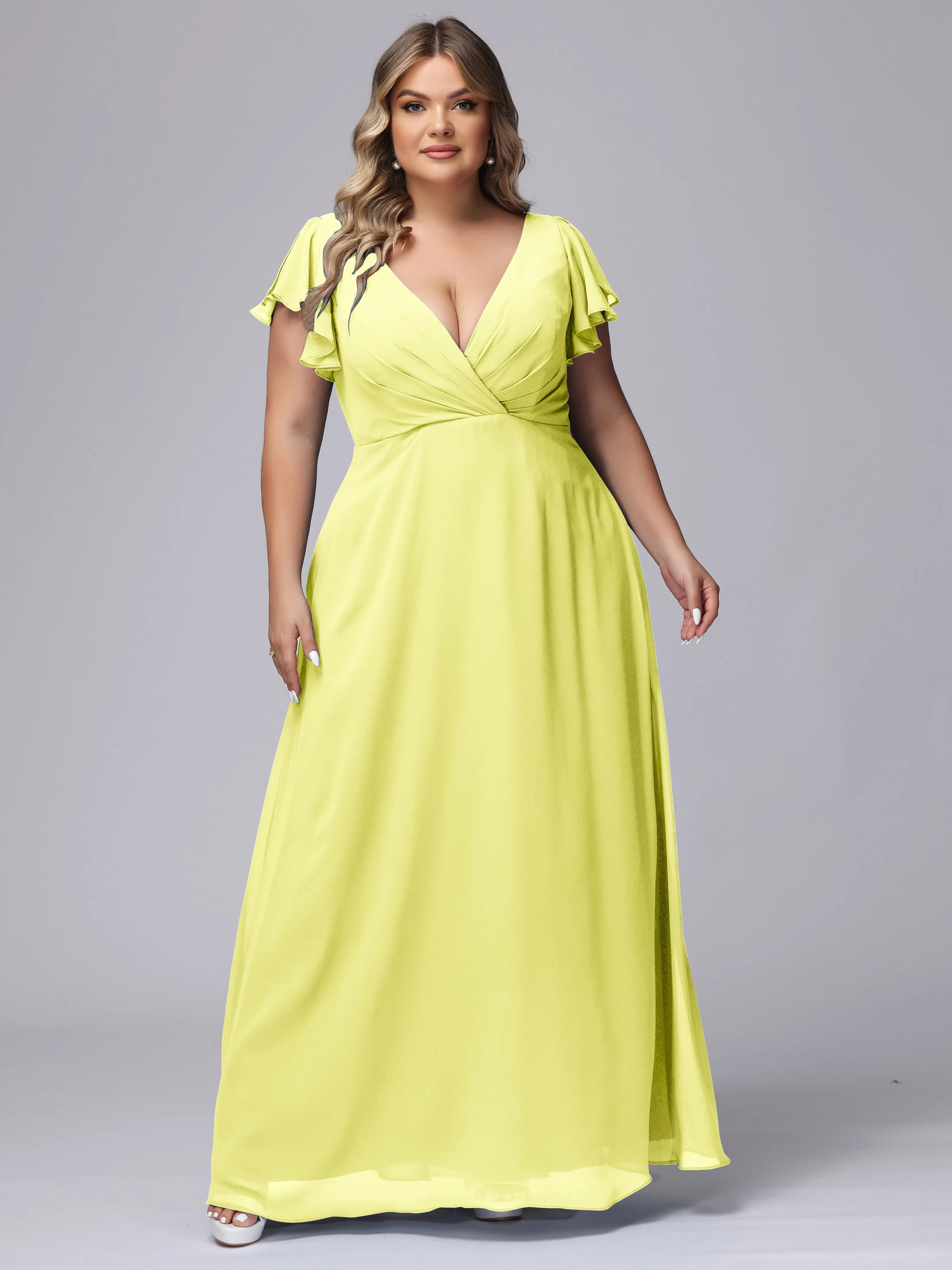 A-line Short Sleeves V-neck Chiffon Plus Size Long Bridesmaid Dresses