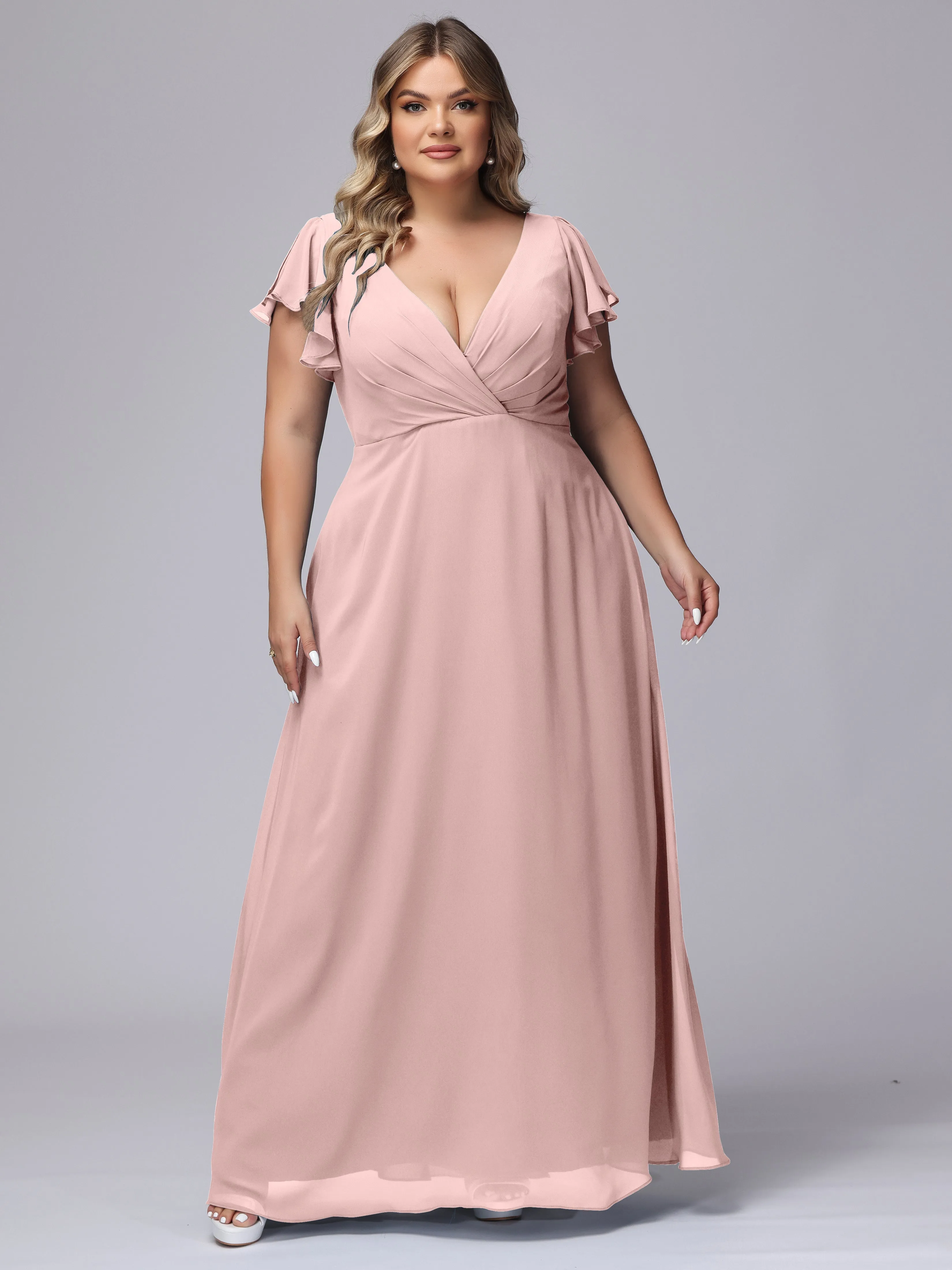 A-line Short Sleeves V-neck Chiffon Plus Size Long Bridesmaid Dresses