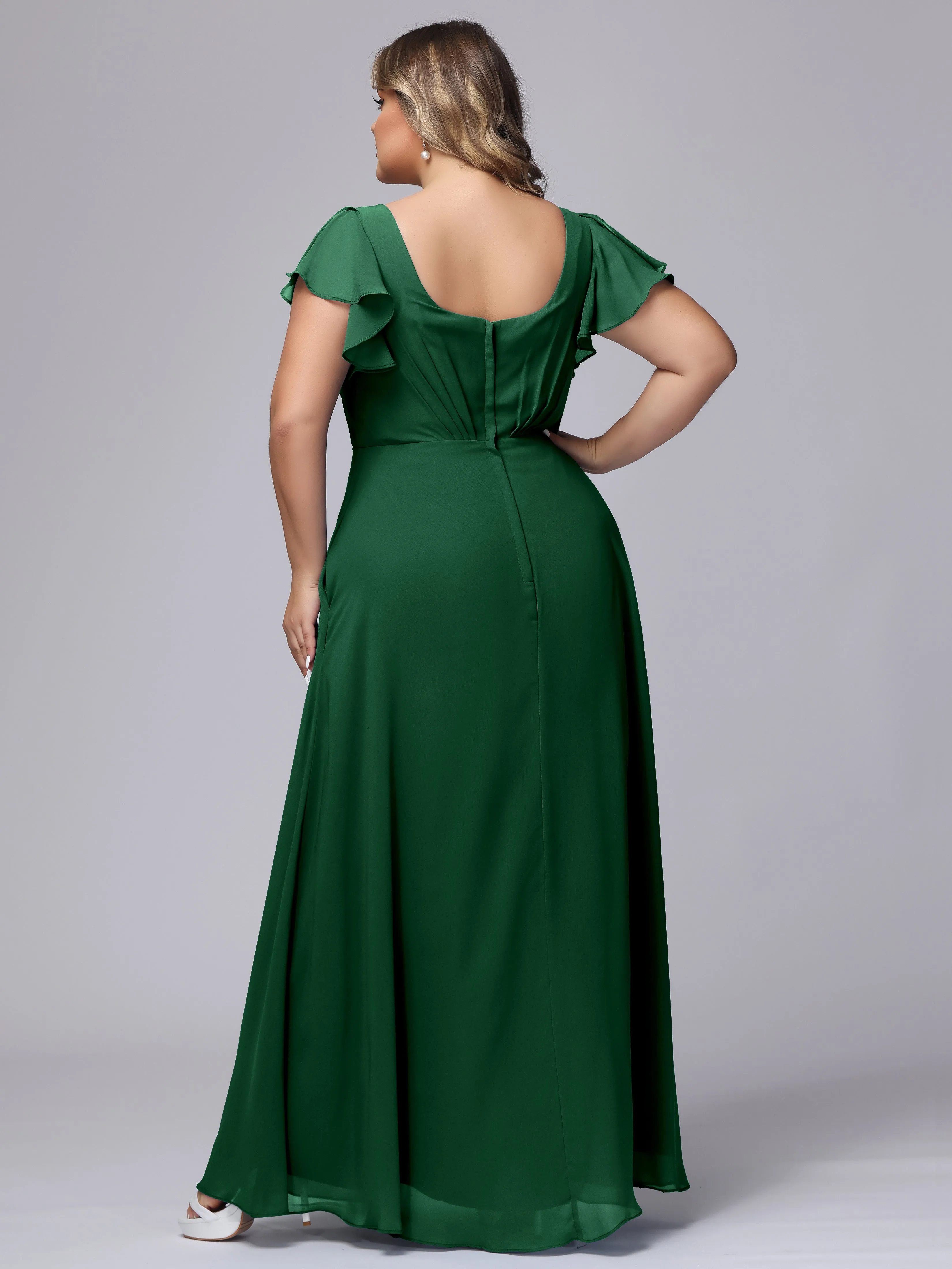 A-line Short Sleeves V-neck Chiffon Plus Size Long Bridesmaid Dresses