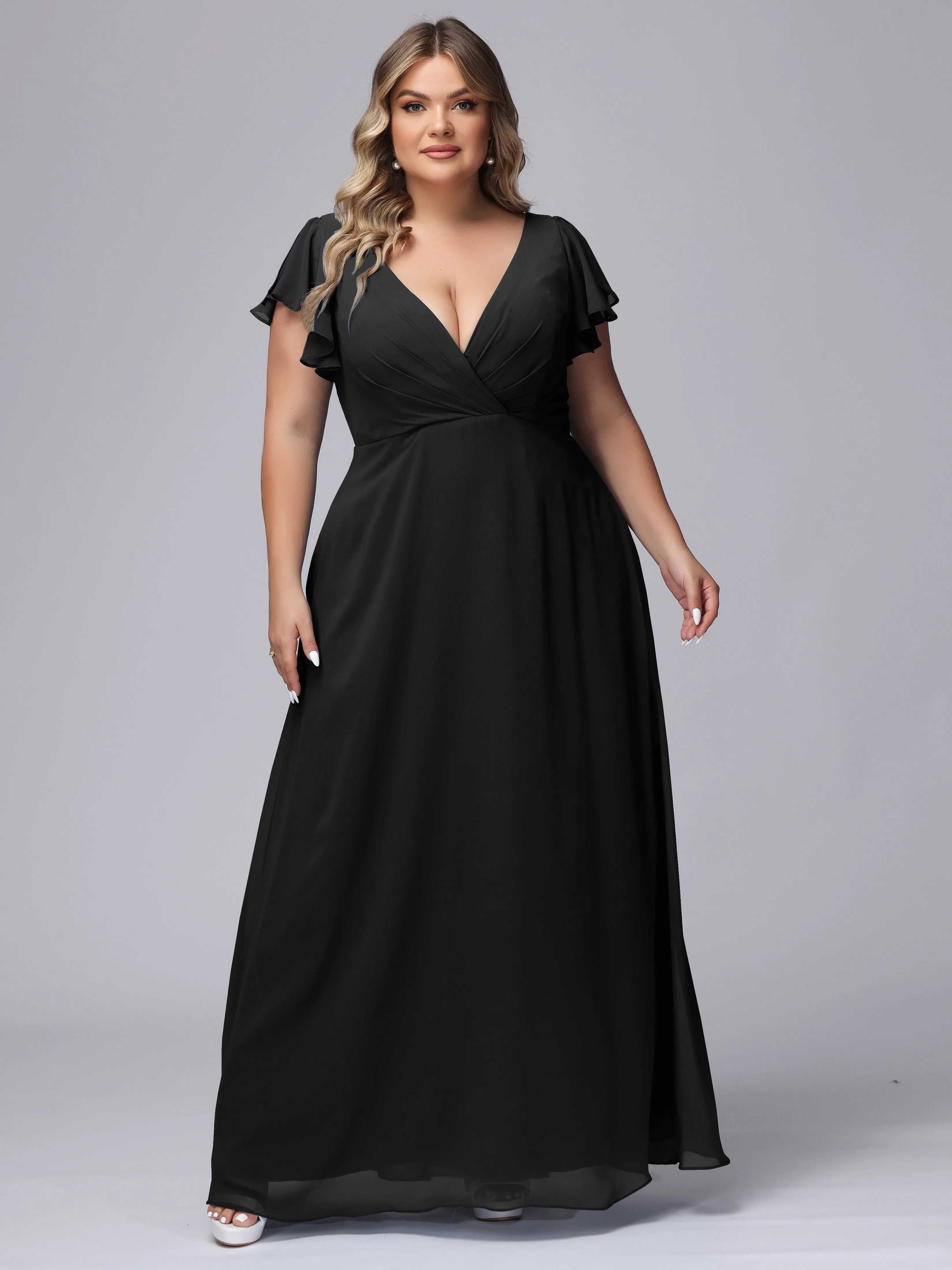 A-line Short Sleeves V-neck Chiffon Plus Size Long Bridesmaid Dresses