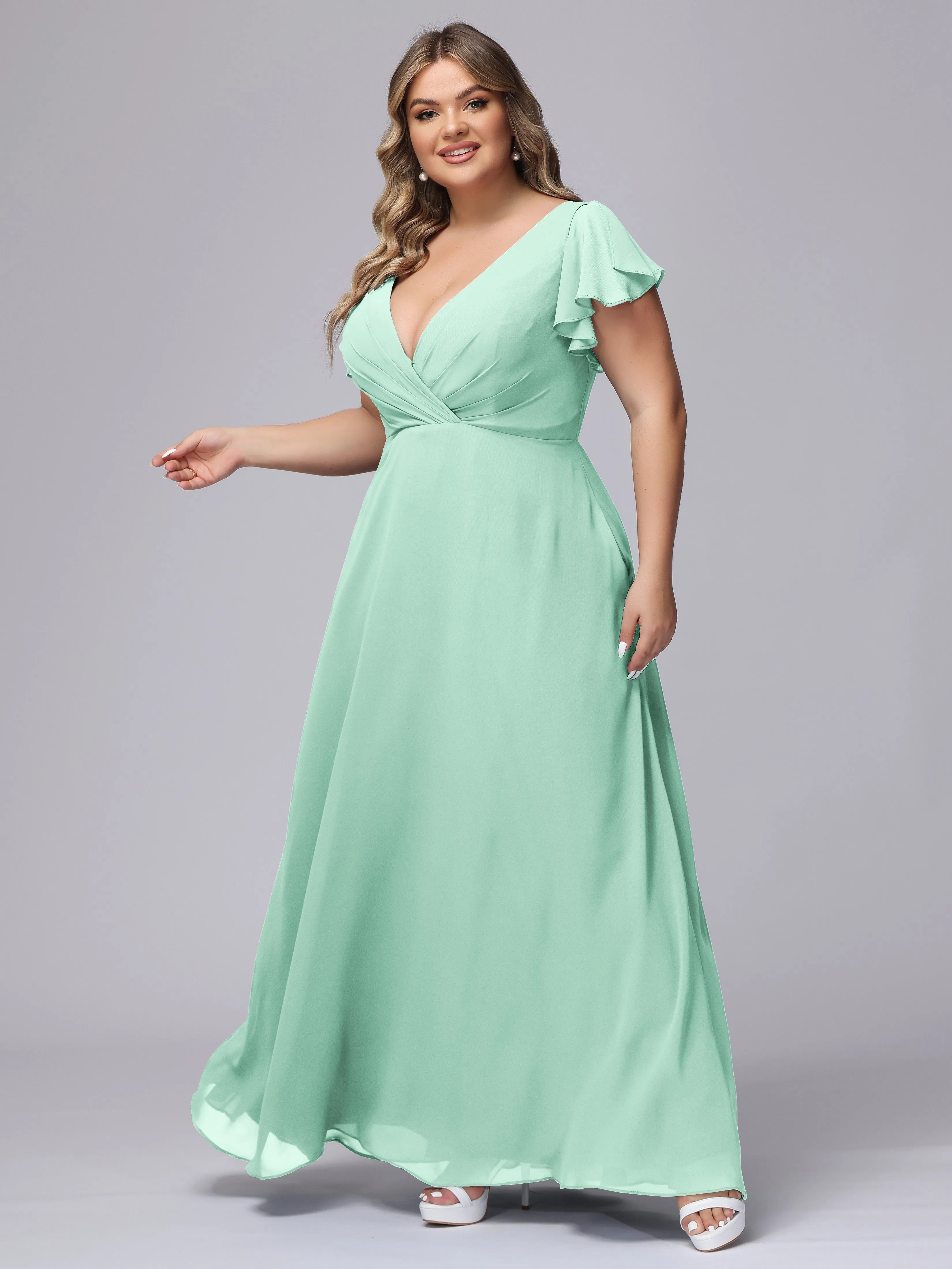 A-line Short Sleeves V-neck Chiffon Plus Size Long Bridesmaid Dresses