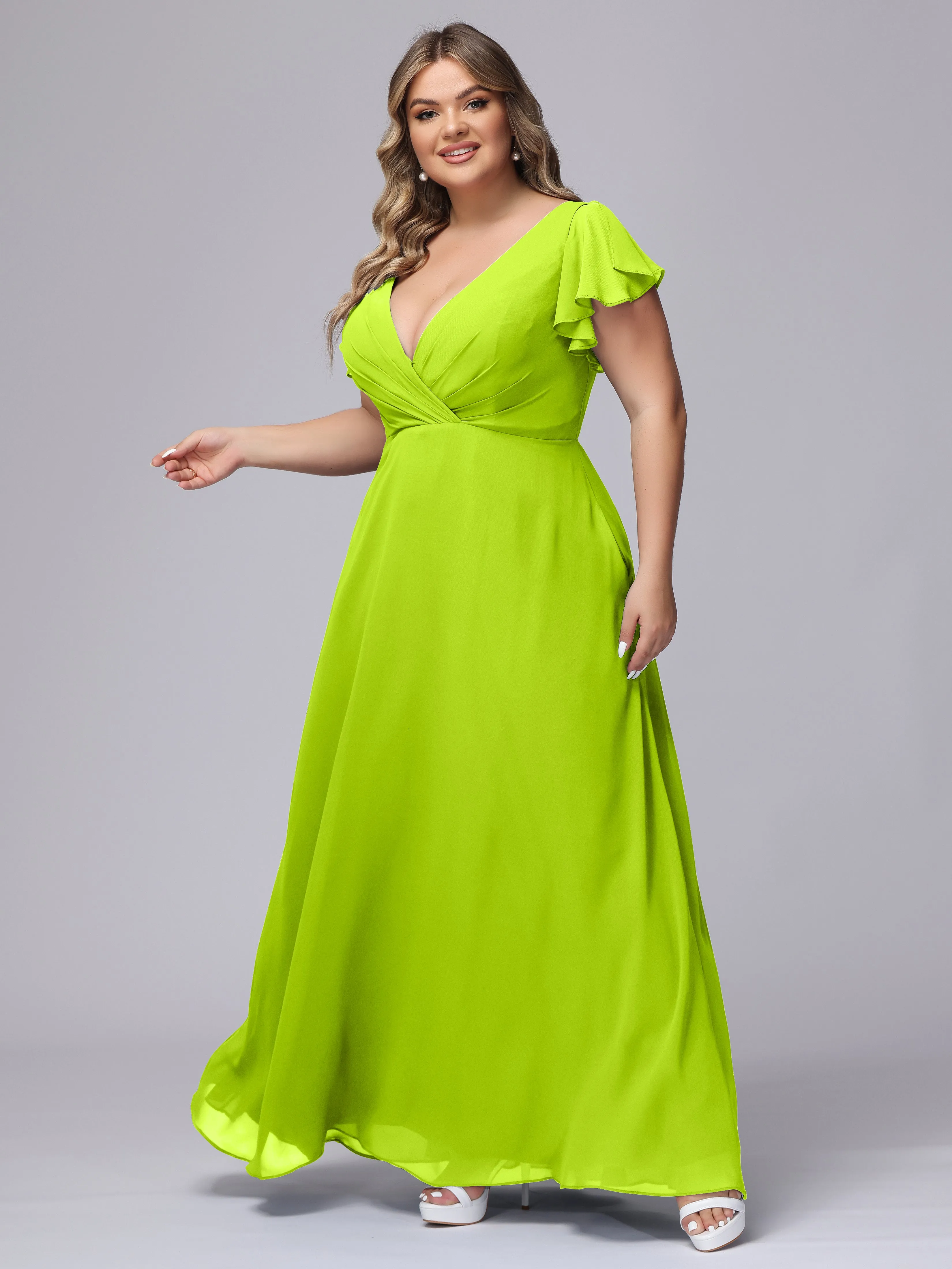 A-line Short Sleeves V-neck Chiffon Plus Size Long Bridesmaid Dresses