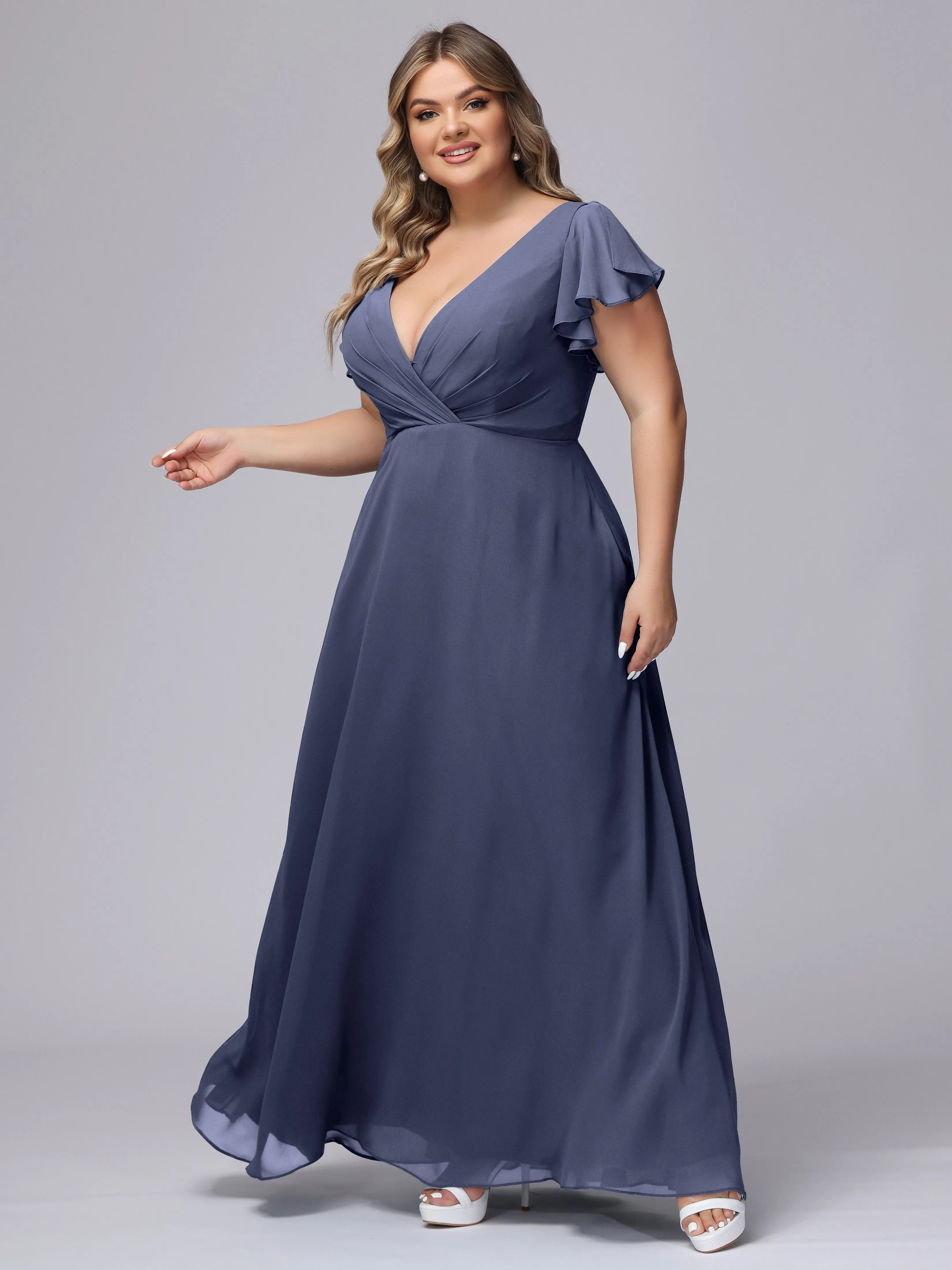 A-line Short Sleeves V-neck Chiffon Plus Size Long Bridesmaid Dresses