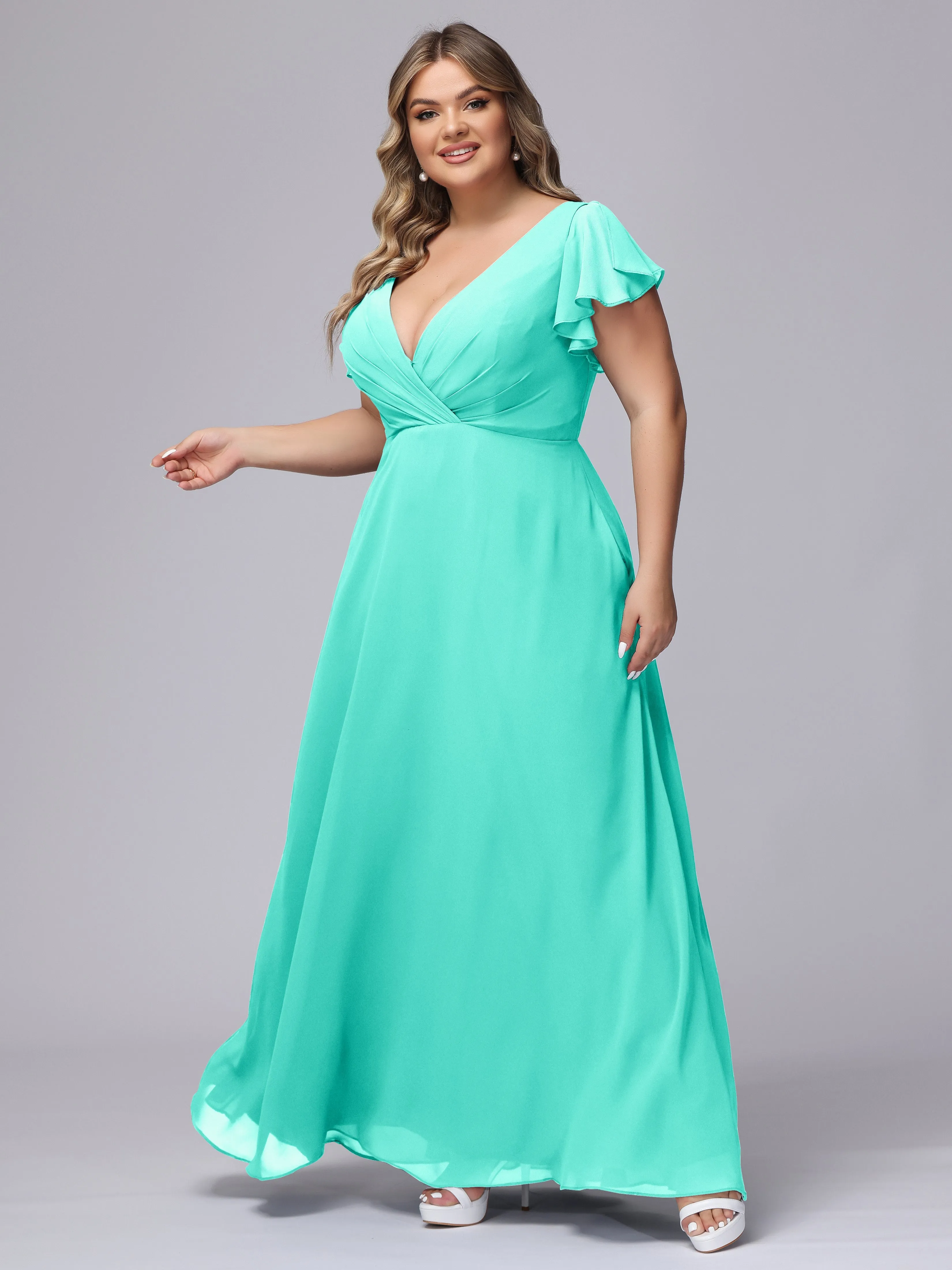 A-line Short Sleeves V-neck Chiffon Plus Size Long Bridesmaid Dresses