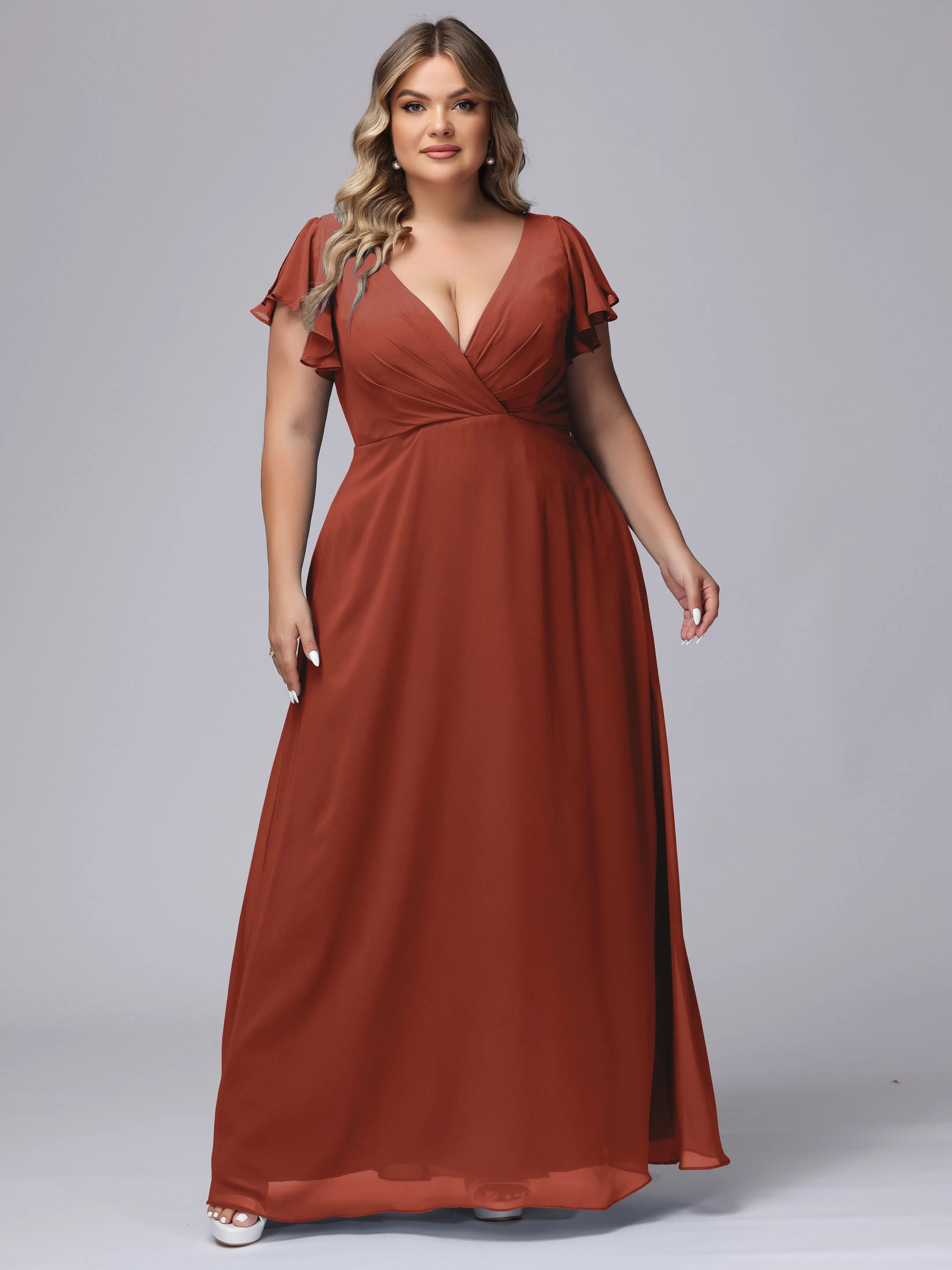 A-line Short Sleeves V-neck Chiffon Plus Size Long Bridesmaid Dresses