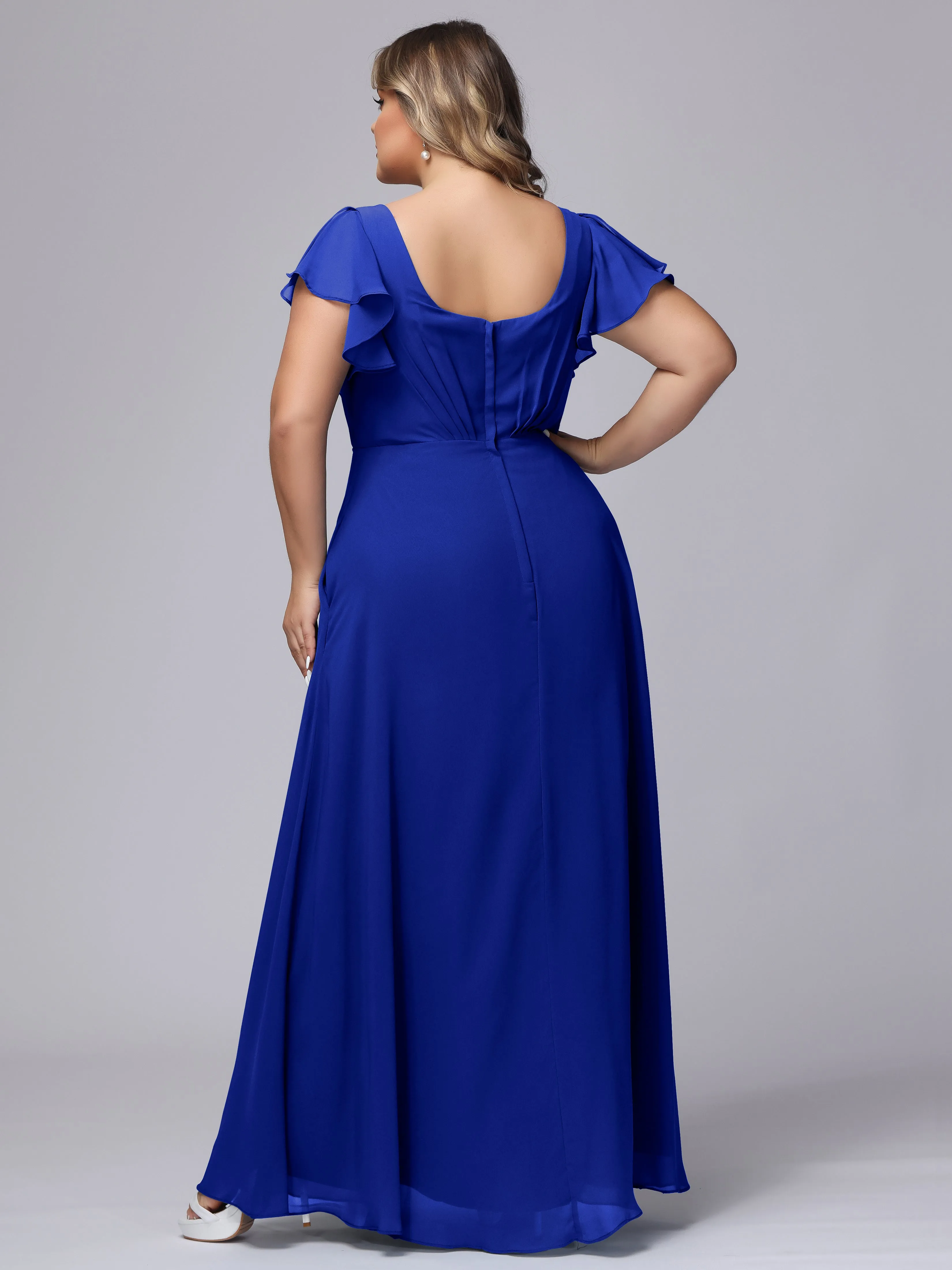 A-line Short Sleeves V-neck Chiffon Plus Size Long Bridesmaid Dresses