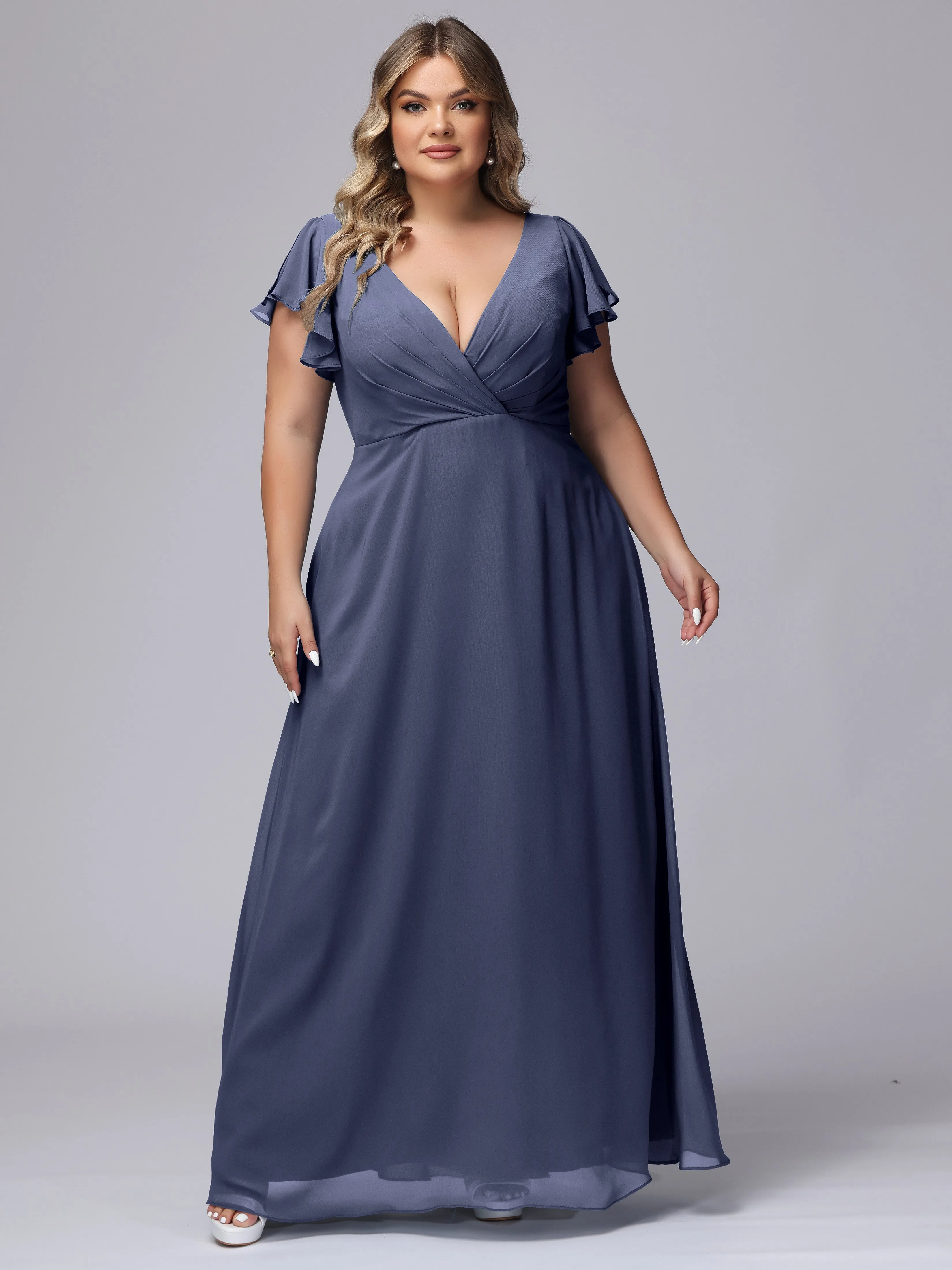 A-line Short Sleeves V-neck Chiffon Plus Size Long Bridesmaid Dresses