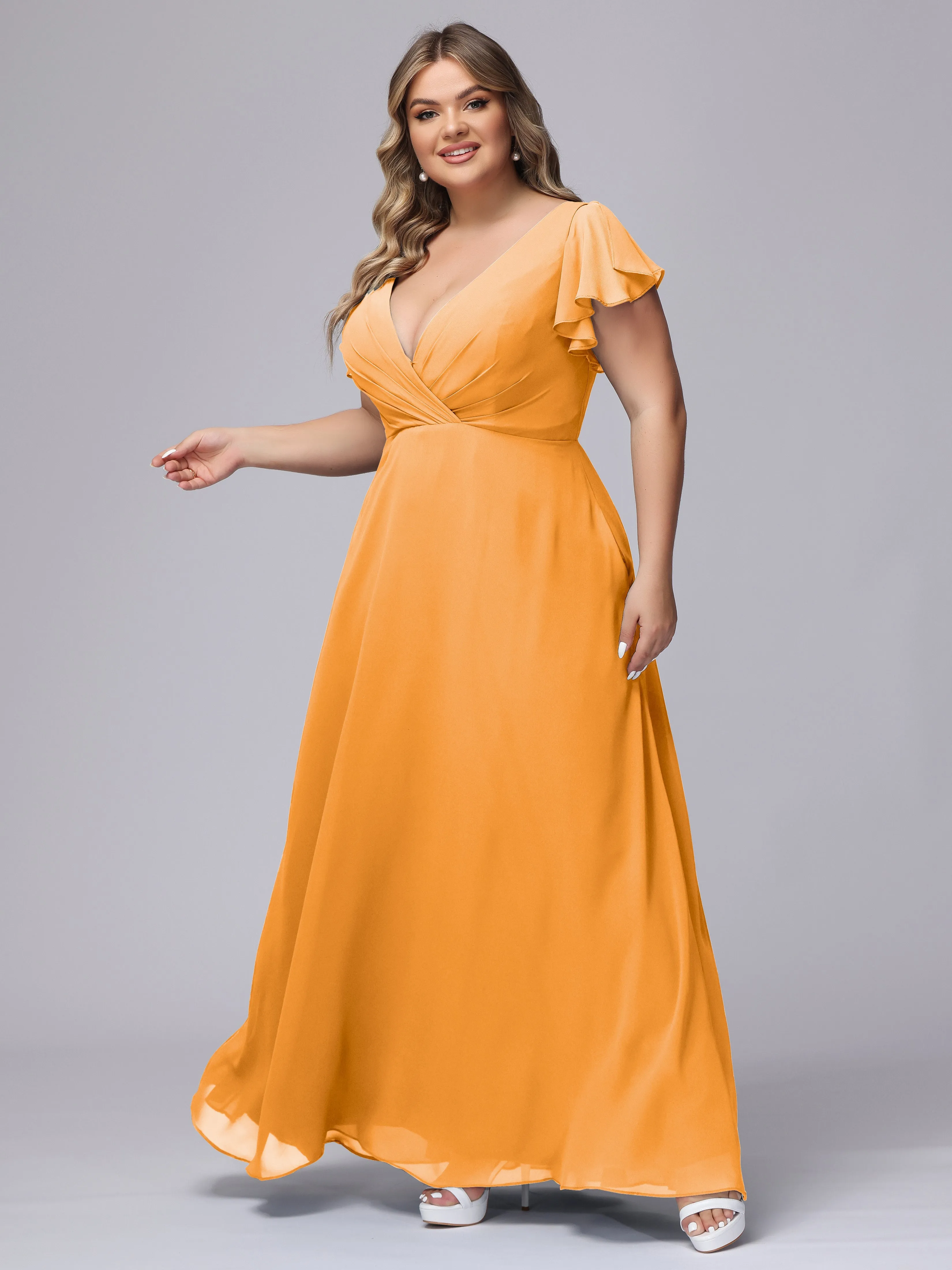 A-line Short Sleeves V-neck Chiffon Plus Size Long Bridesmaid Dresses