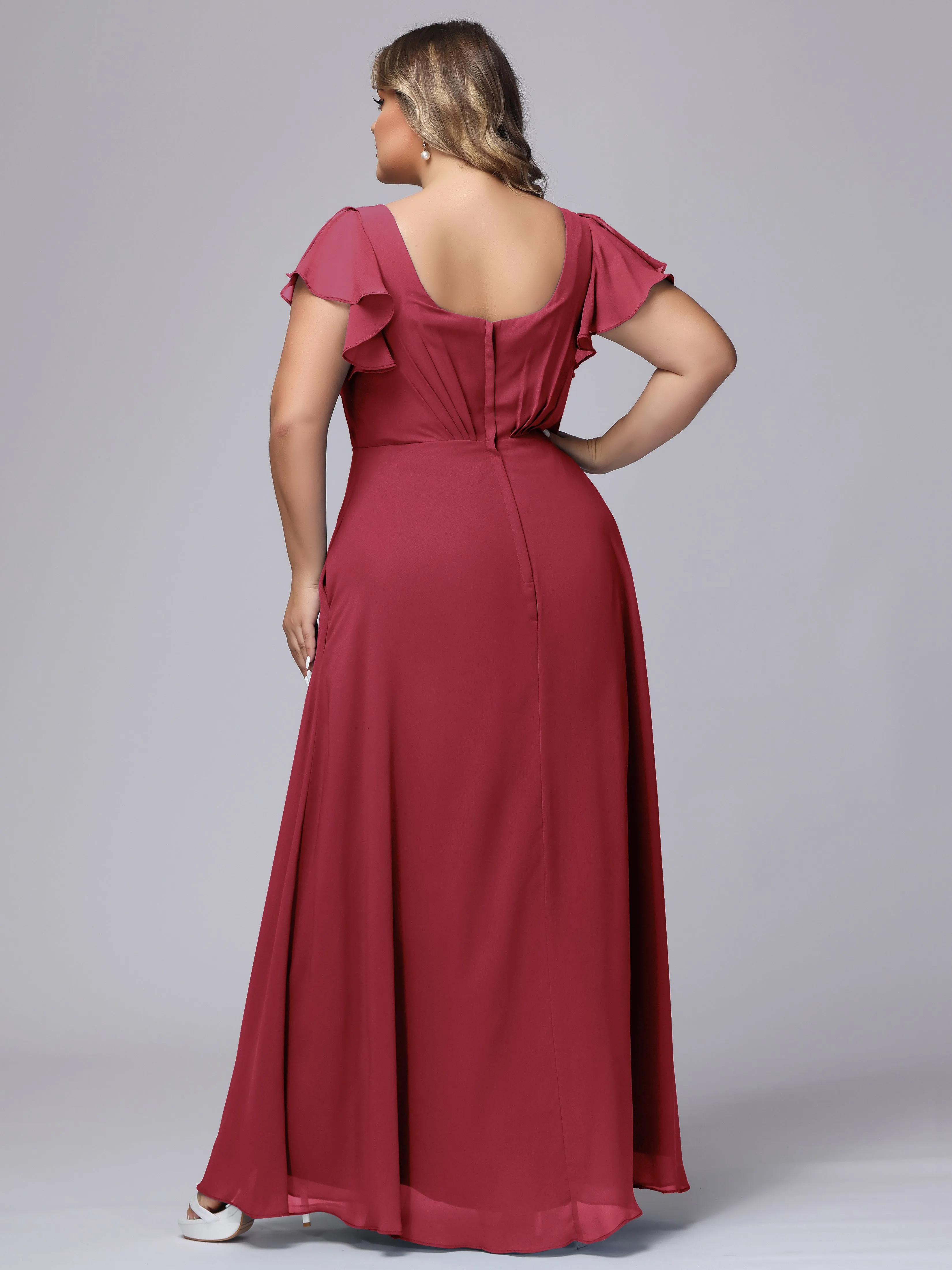 A-line Short Sleeves V-neck Chiffon Plus Size Long Bridesmaid Dresses