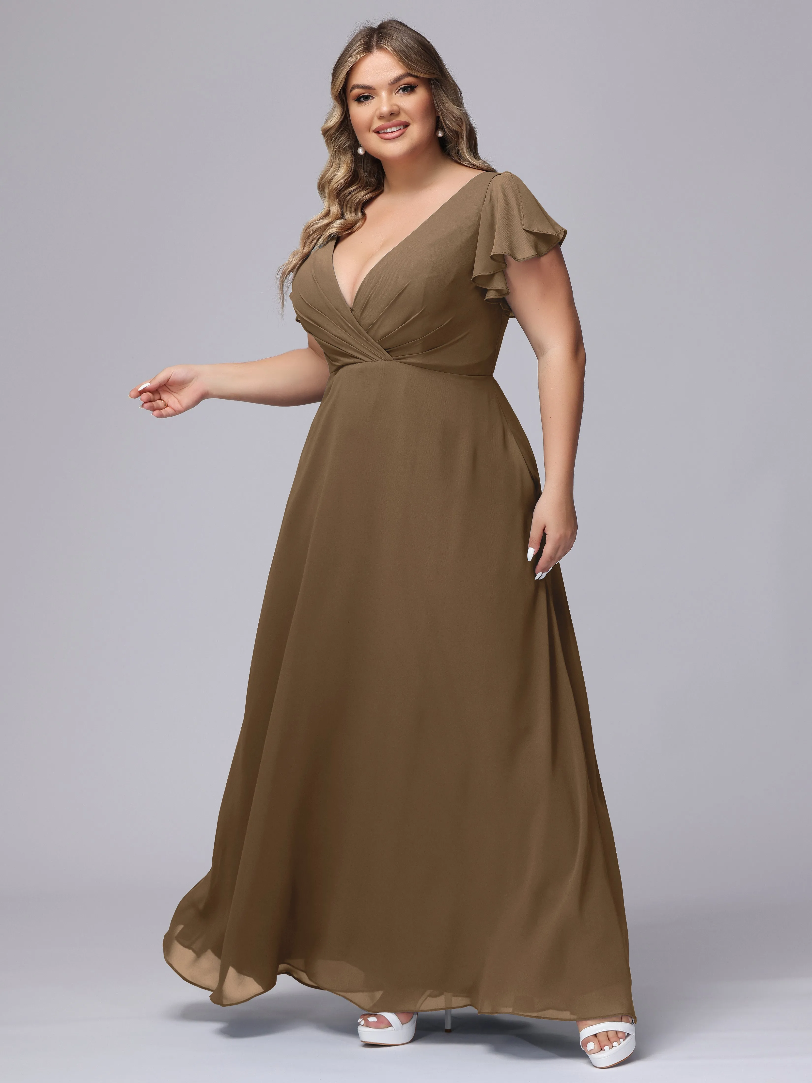 A-line Short Sleeves V-neck Chiffon Plus Size Long Bridesmaid Dresses