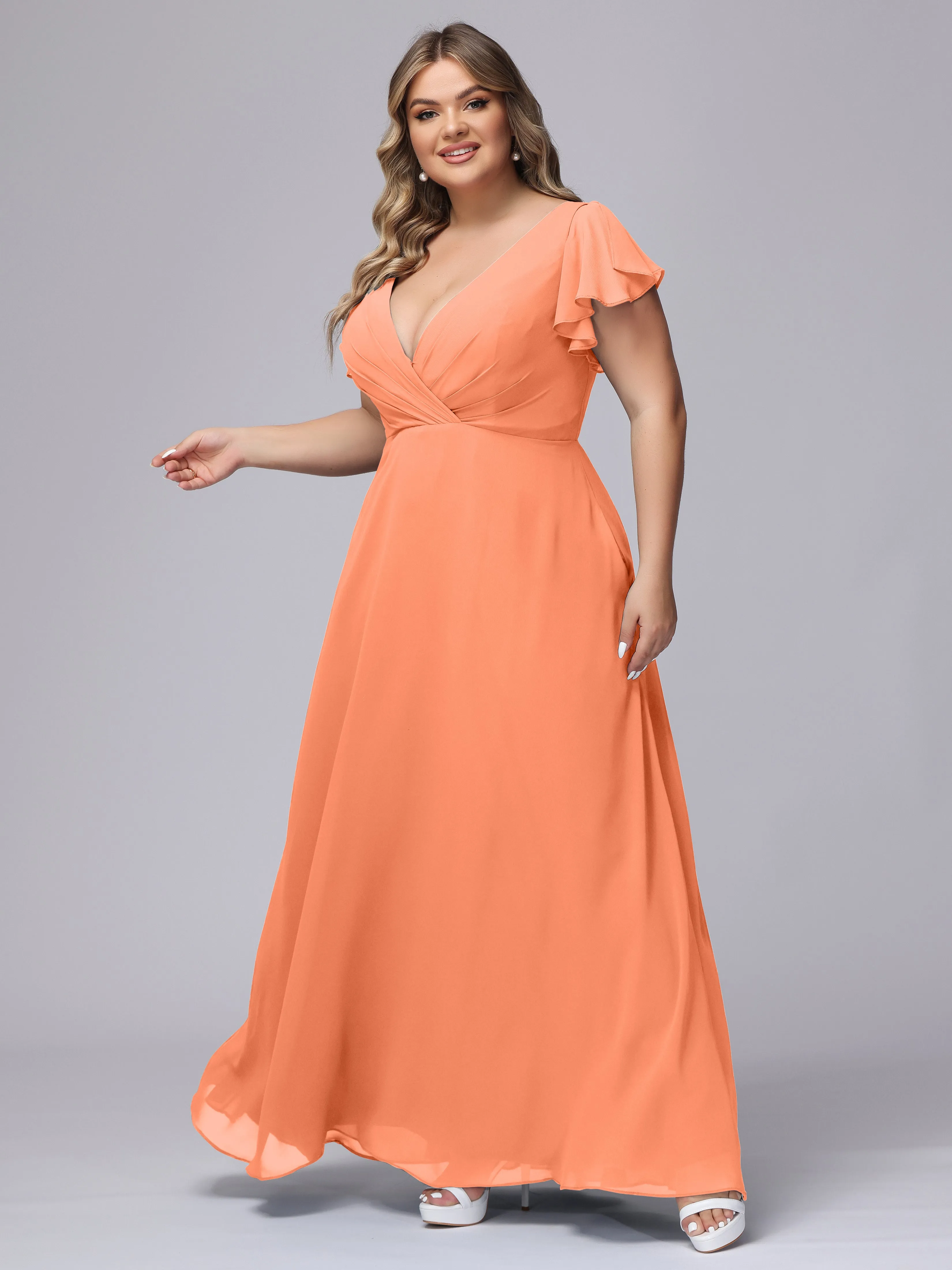 A-line Short Sleeves V-neck Chiffon Plus Size Long Bridesmaid Dresses