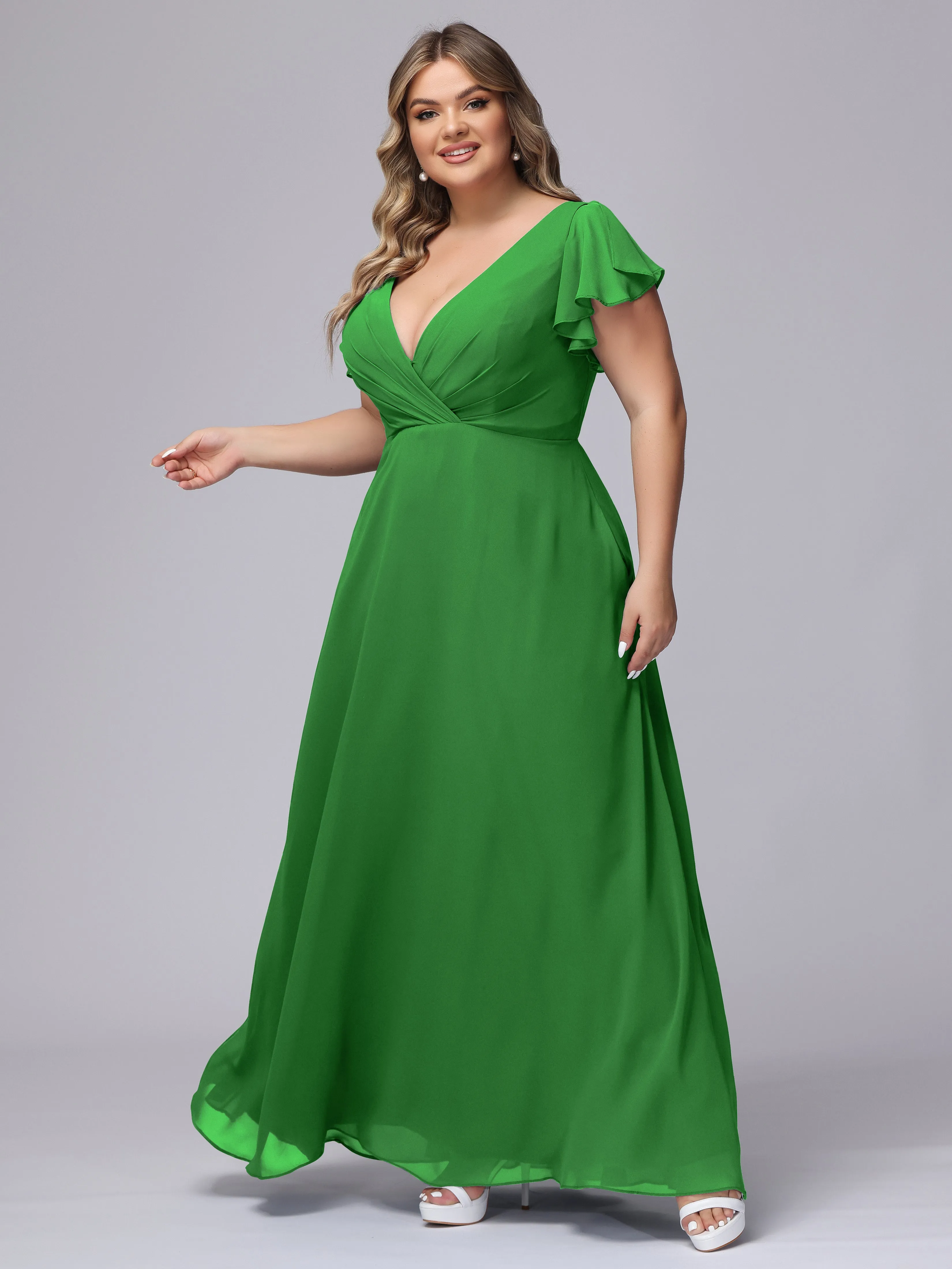 A-line Short Sleeves V-neck Chiffon Plus Size Long Bridesmaid Dresses