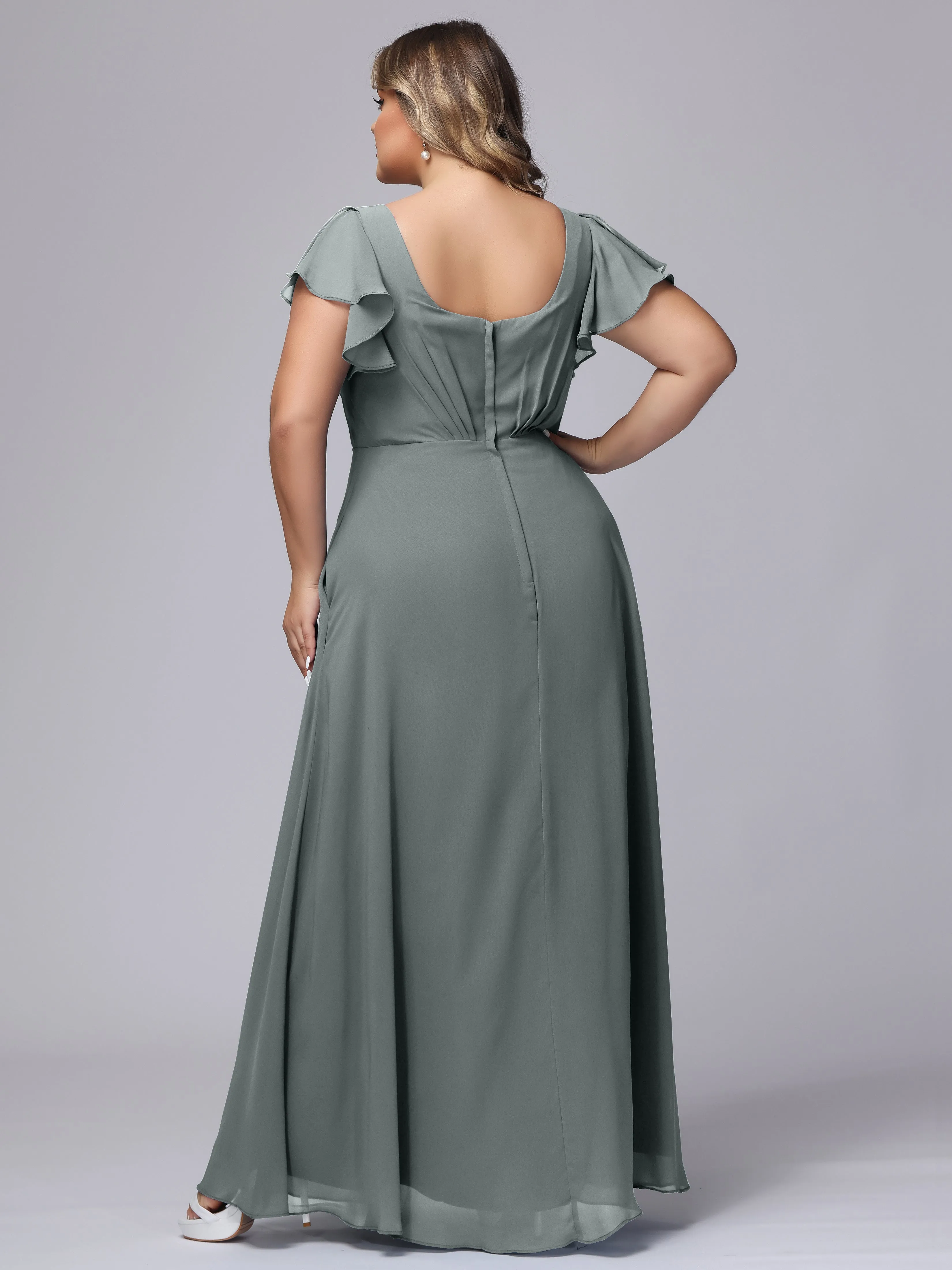 A-line Short Sleeves V-neck Chiffon Plus Size Long Bridesmaid Dresses