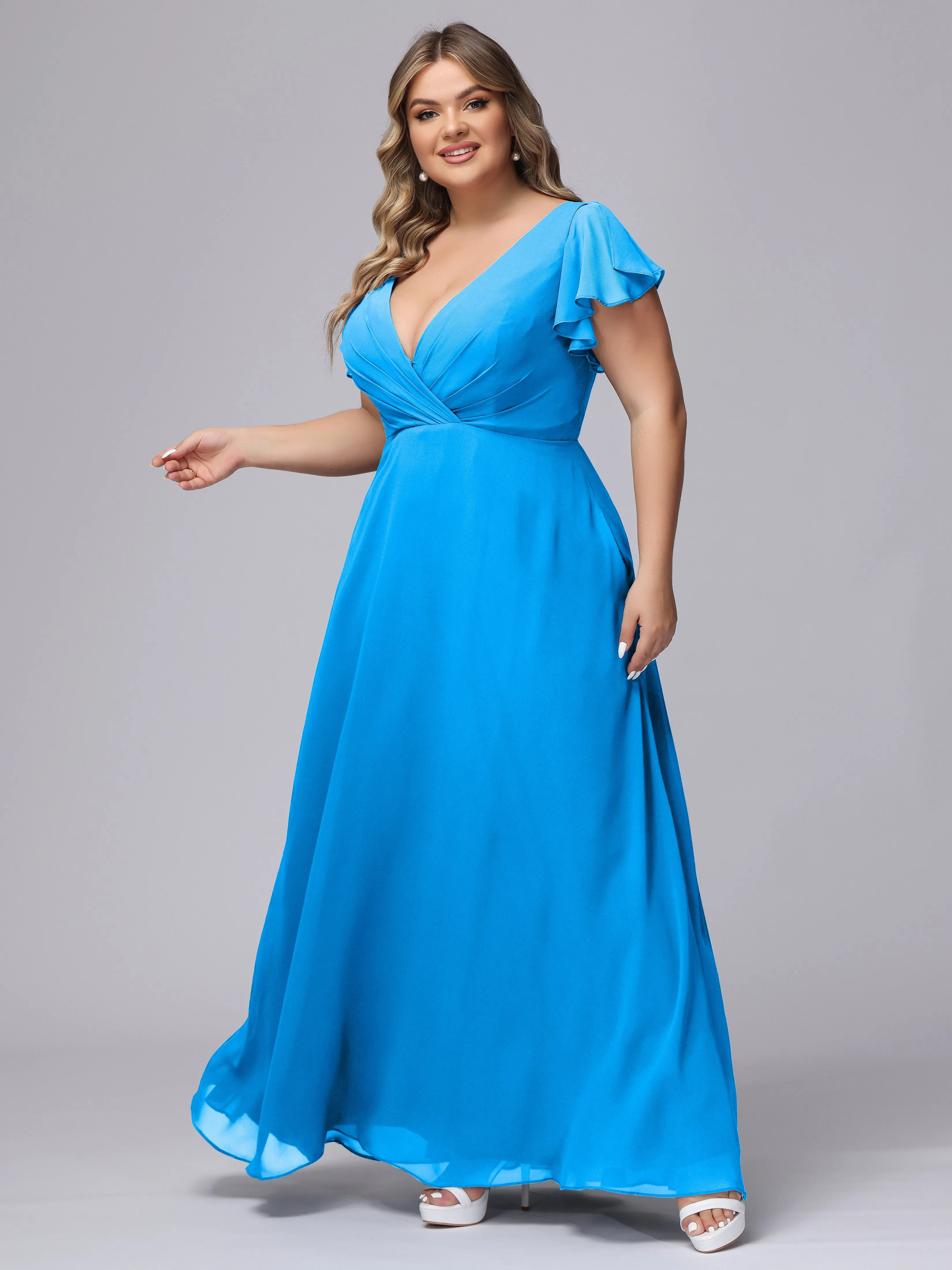 A-line Short Sleeves V-neck Chiffon Plus Size Long Bridesmaid Dresses