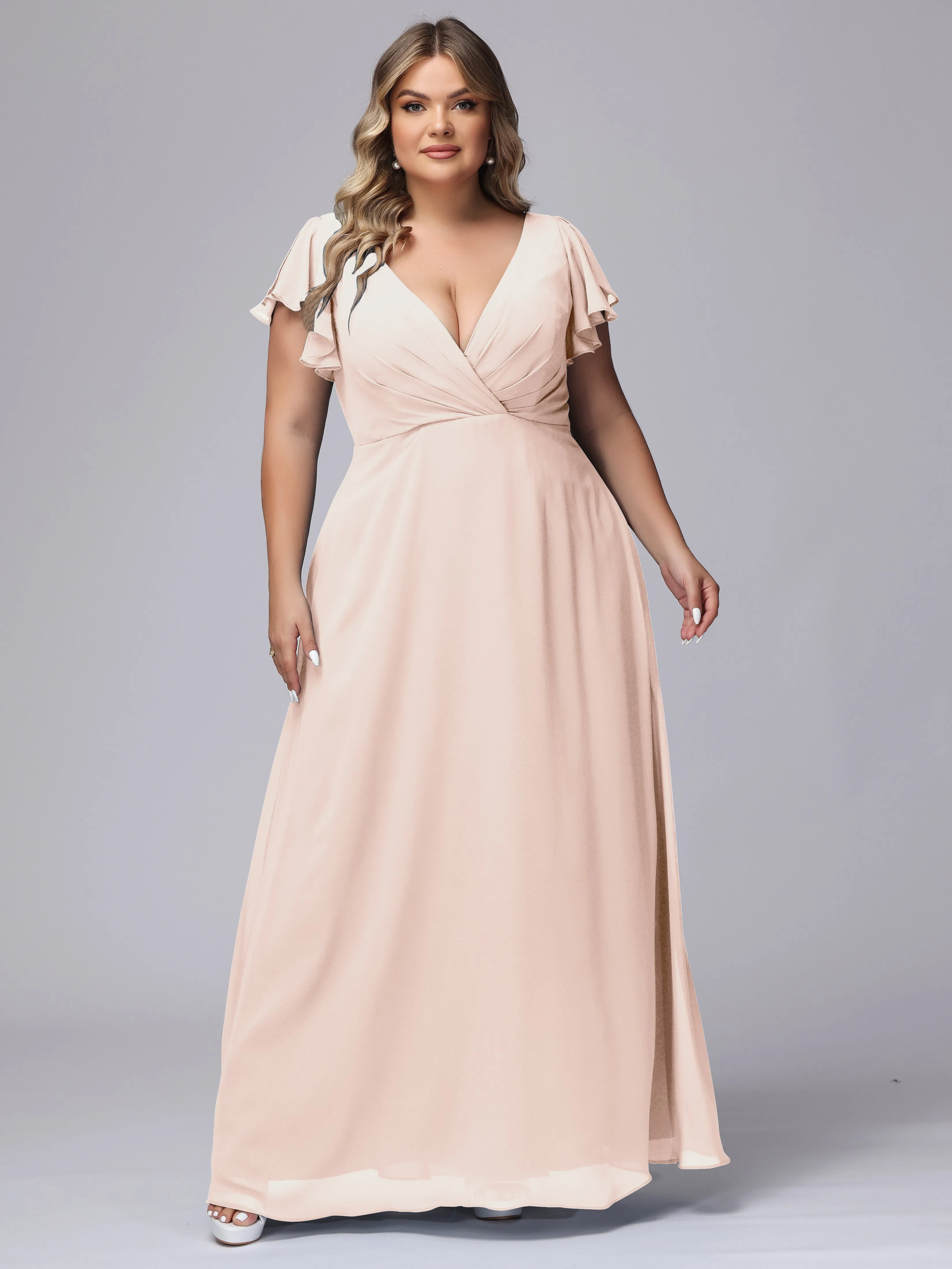 A-line Short Sleeves V-neck Chiffon Plus Size Long Bridesmaid Dresses