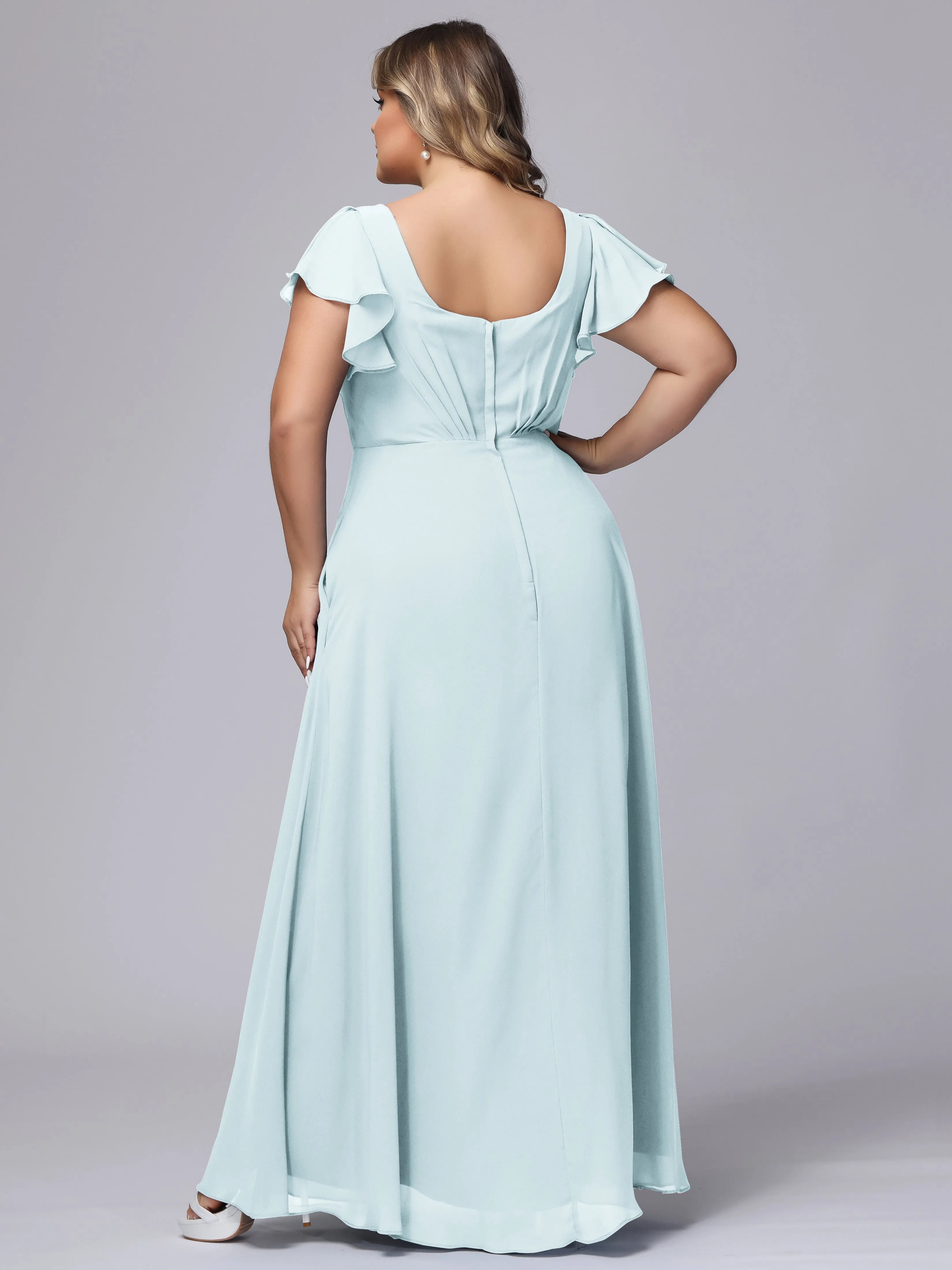 A-line Short Sleeves V-neck Chiffon Plus Size Long Bridesmaid Dresses