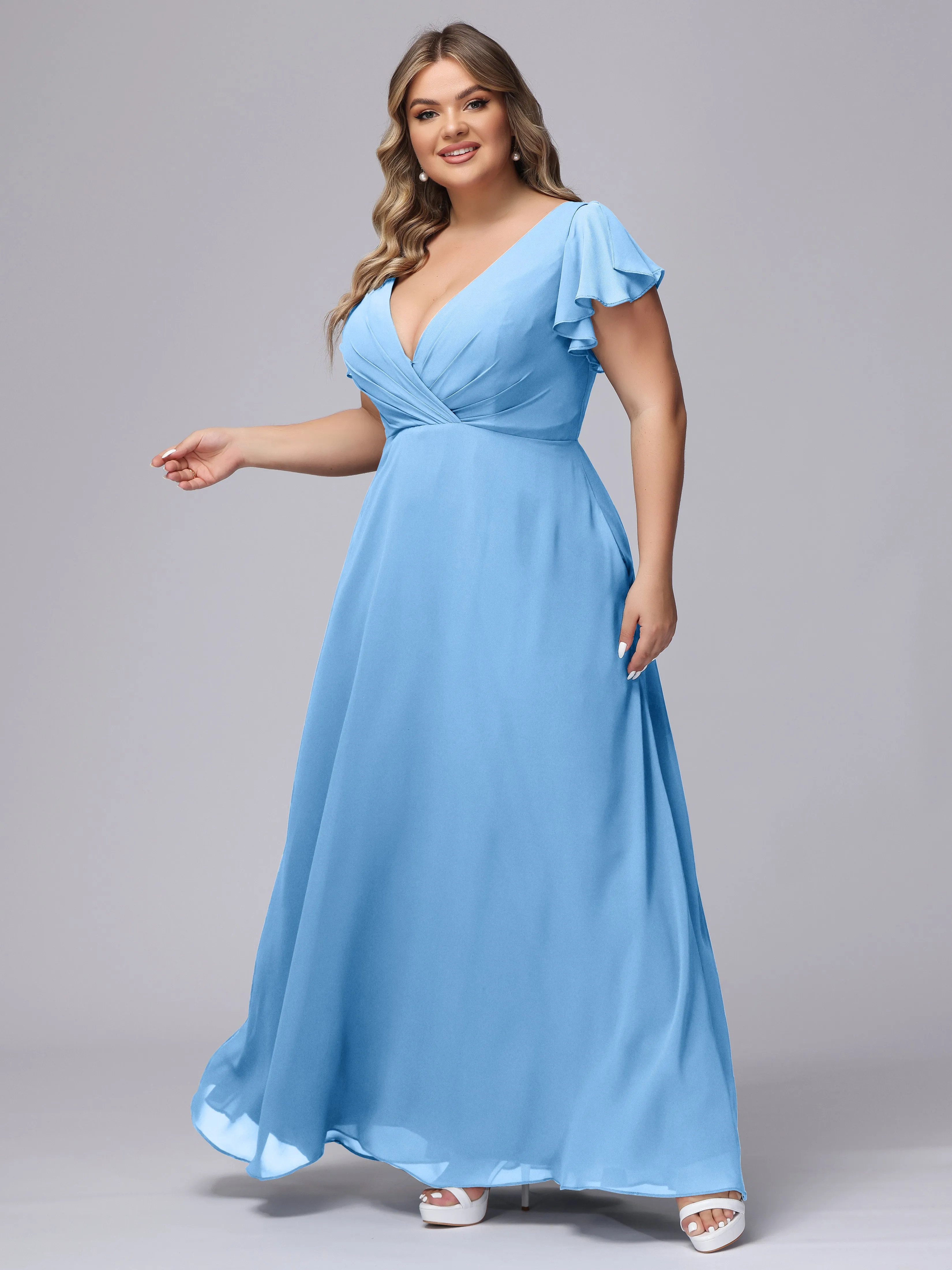 A-line Short Sleeves V-neck Chiffon Plus Size Long Bridesmaid Dresses