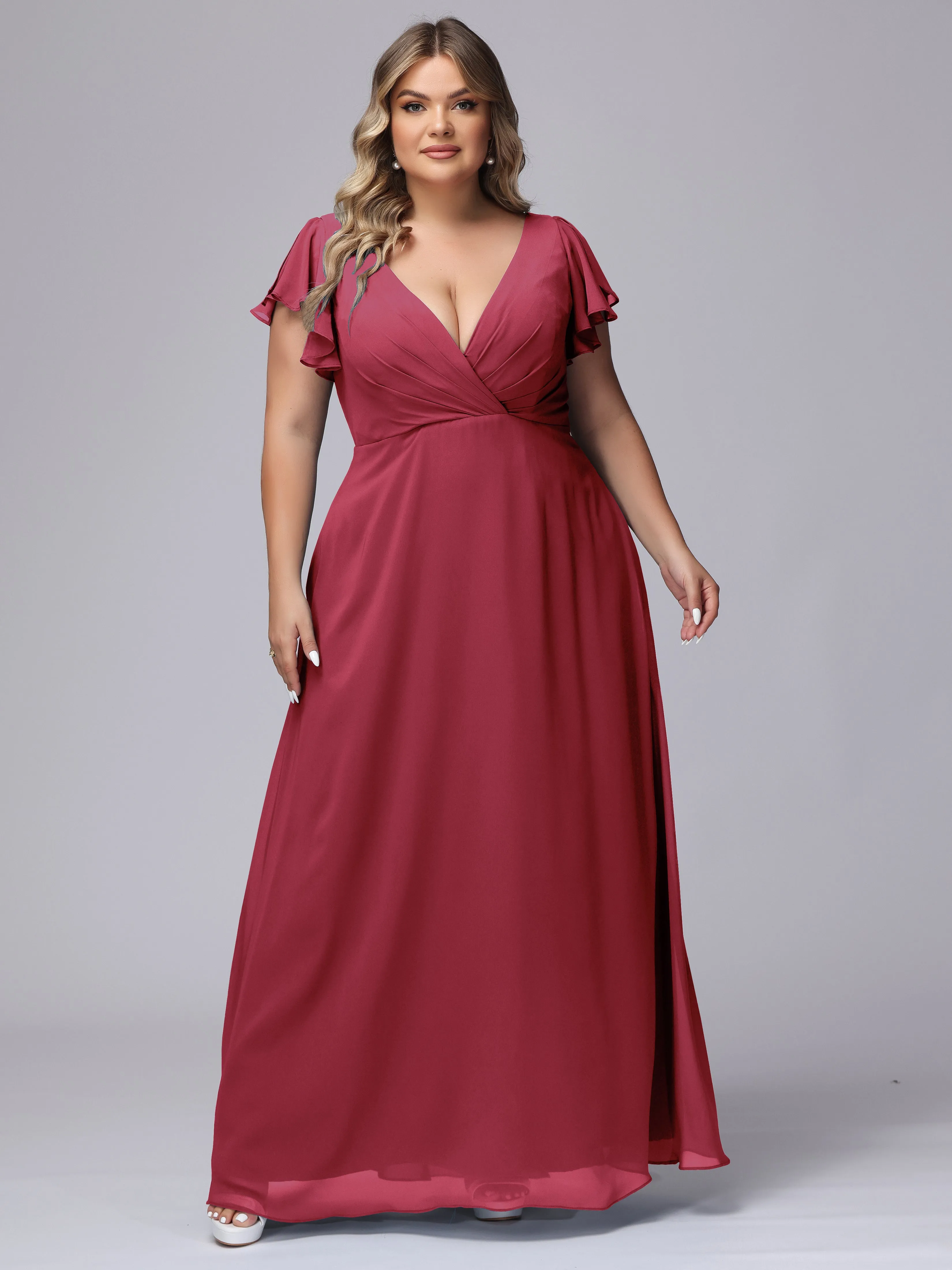 A-line Short Sleeves V-neck Chiffon Plus Size Long Bridesmaid Dresses