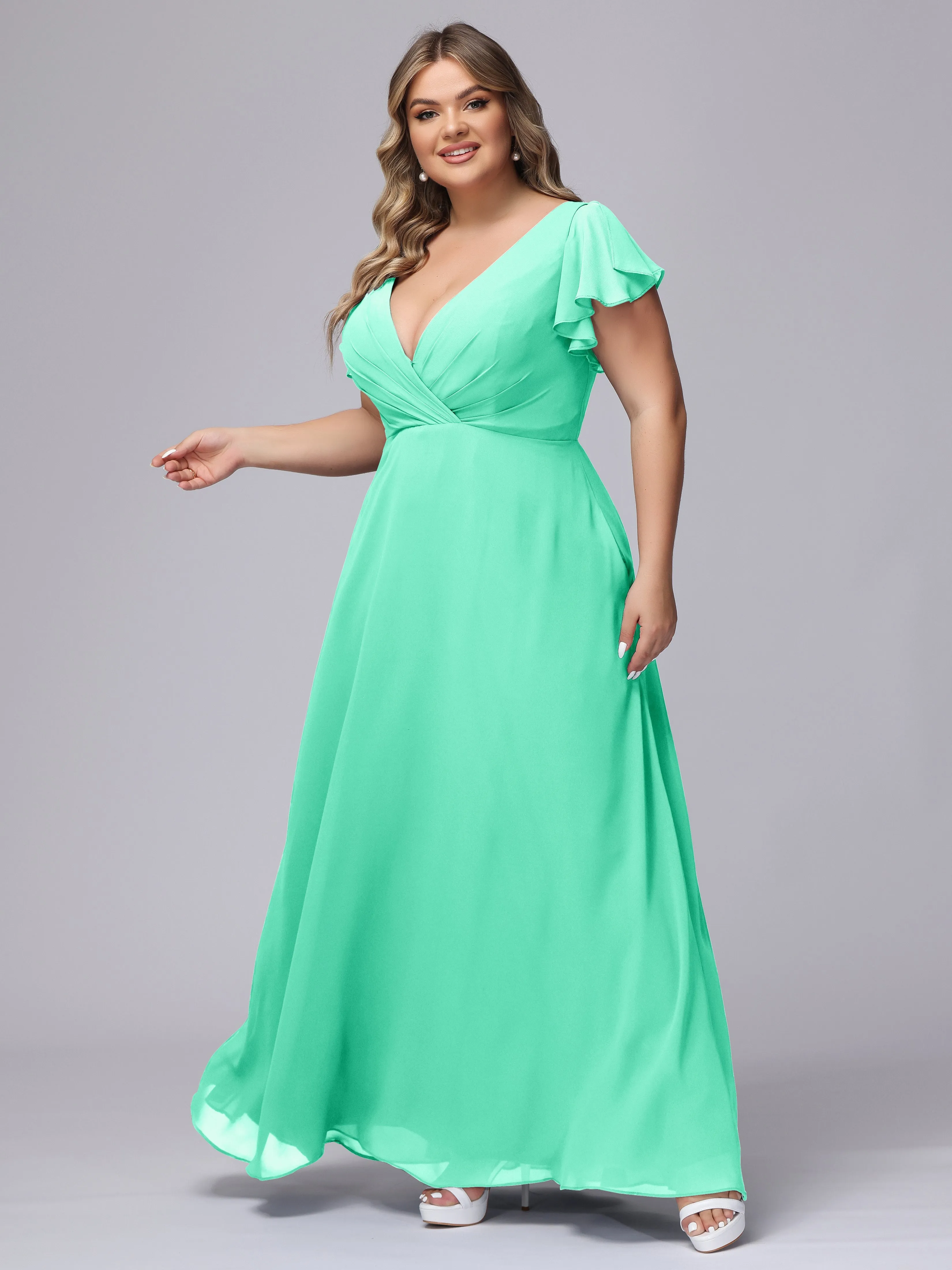 A-line Short Sleeves V-neck Chiffon Plus Size Long Bridesmaid Dresses