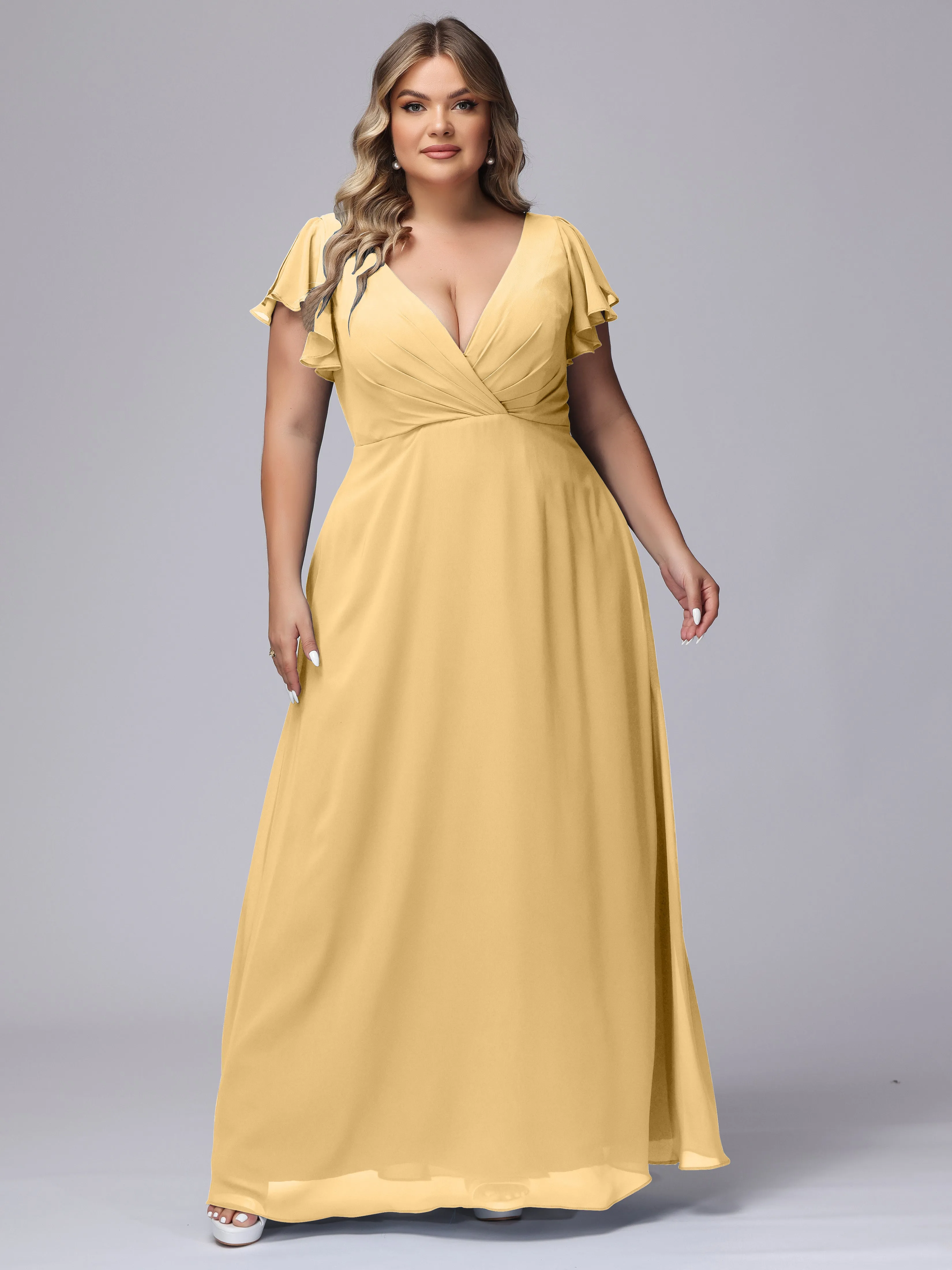 A-line Short Sleeves V-neck Chiffon Plus Size Long Bridesmaid Dresses