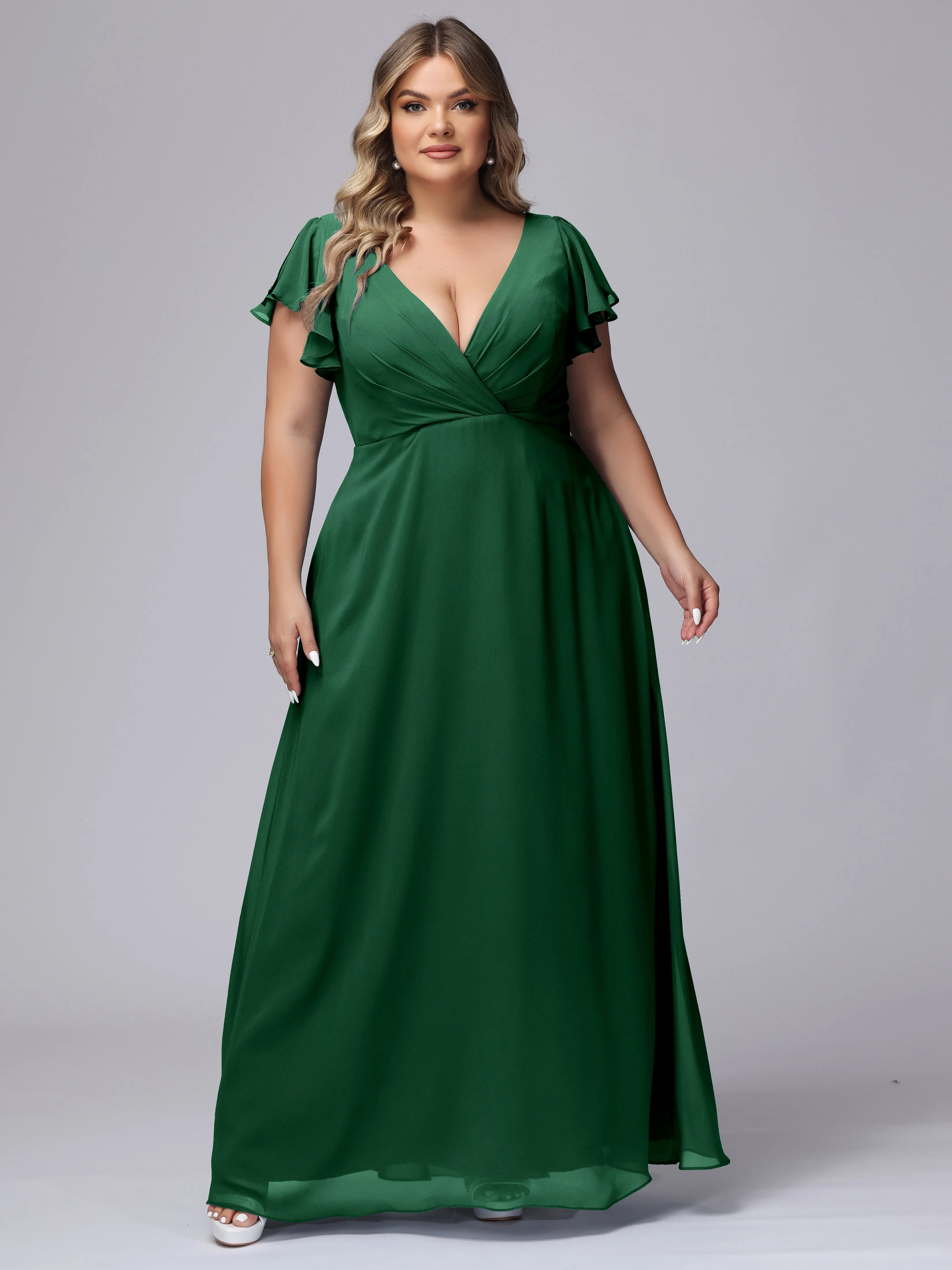 A-line Short Sleeves V-neck Chiffon Plus Size Long Bridesmaid Dresses