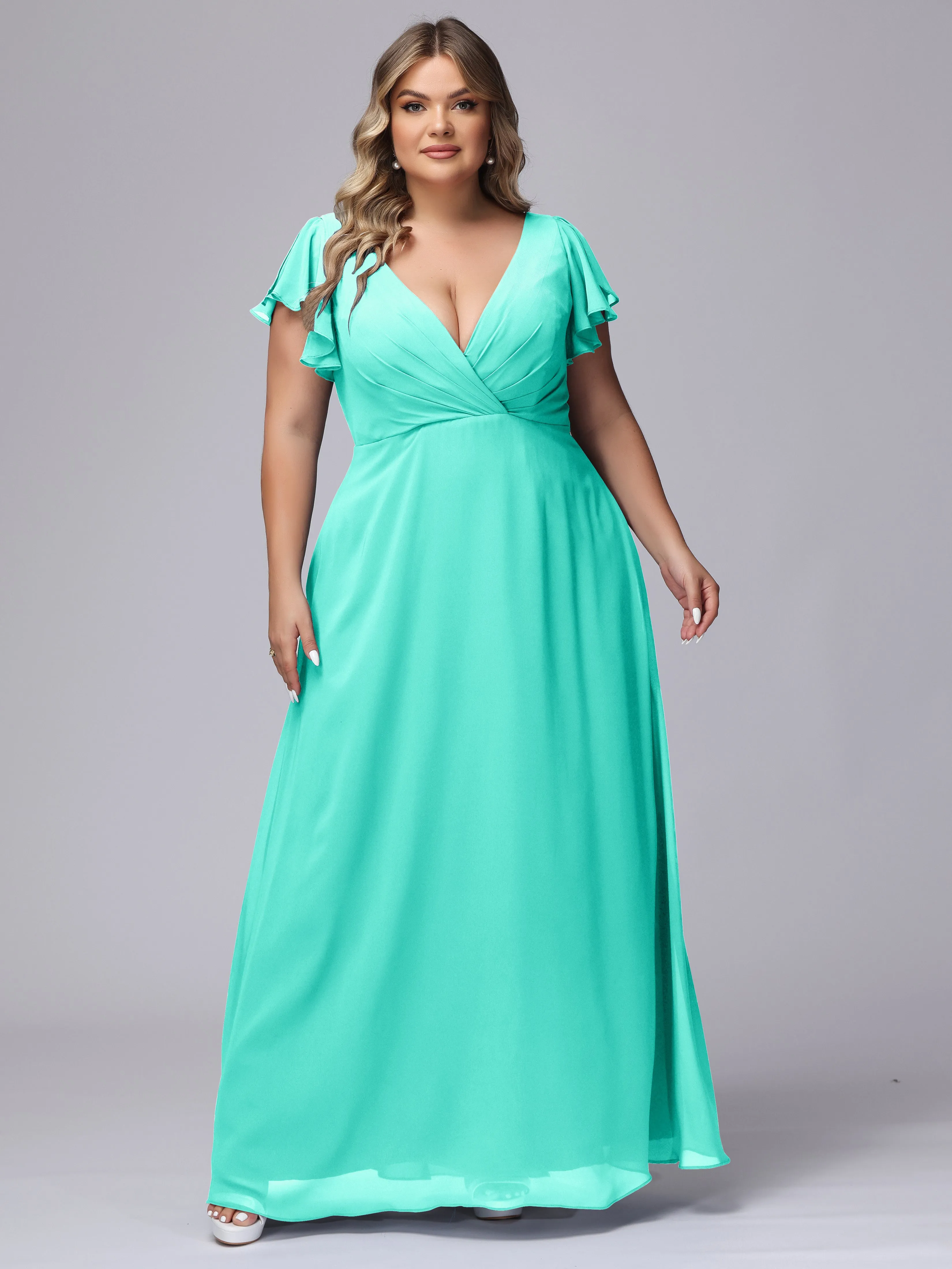 A-line Short Sleeves V-neck Chiffon Plus Size Long Bridesmaid Dresses