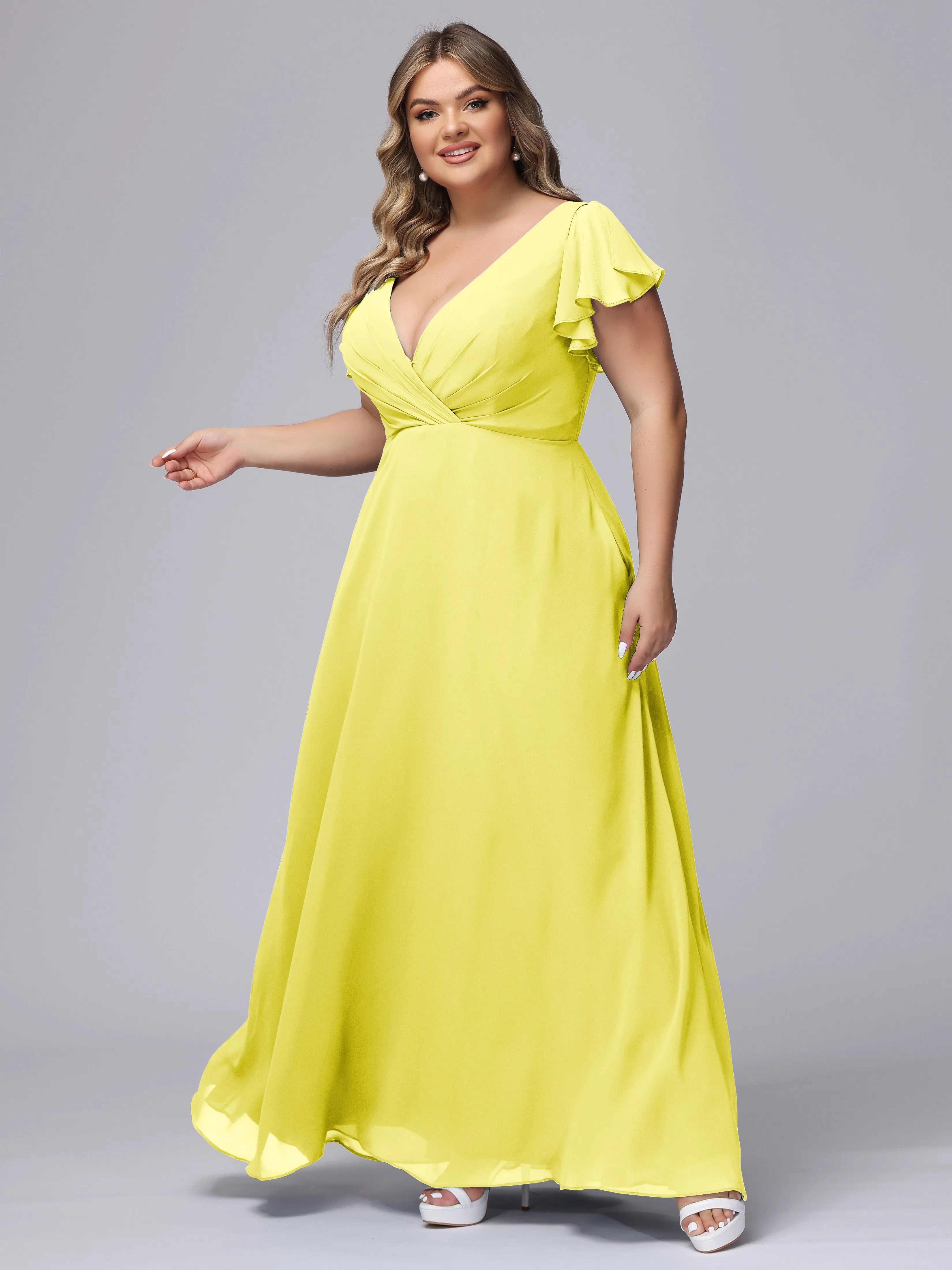 A-line Short Sleeves V-neck Chiffon Plus Size Long Bridesmaid Dresses