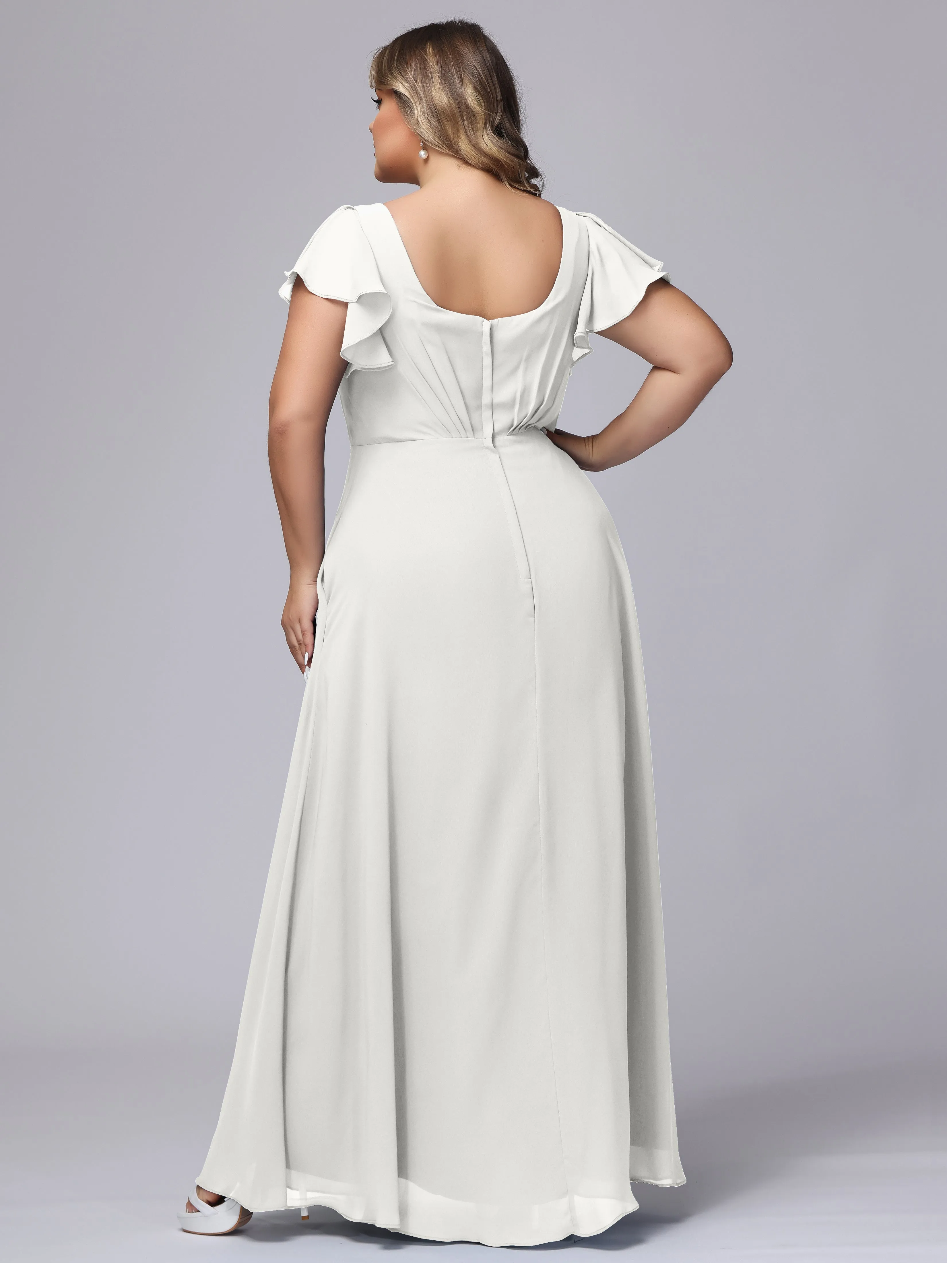 A-line Short Sleeves V-neck Chiffon Plus Size Long Bridesmaid Dresses
