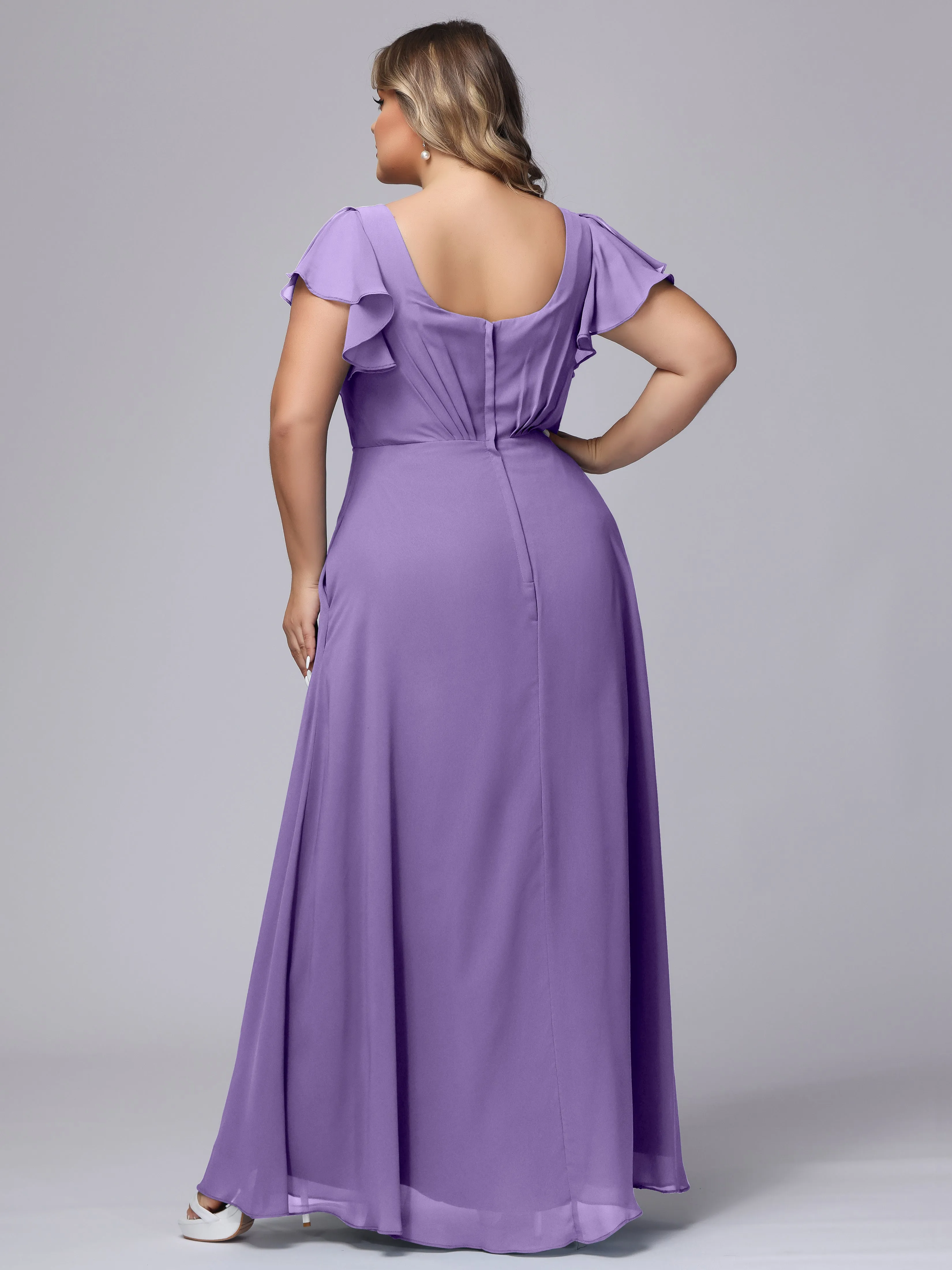 A-line Short Sleeves V-neck Chiffon Plus Size Long Bridesmaid Dresses