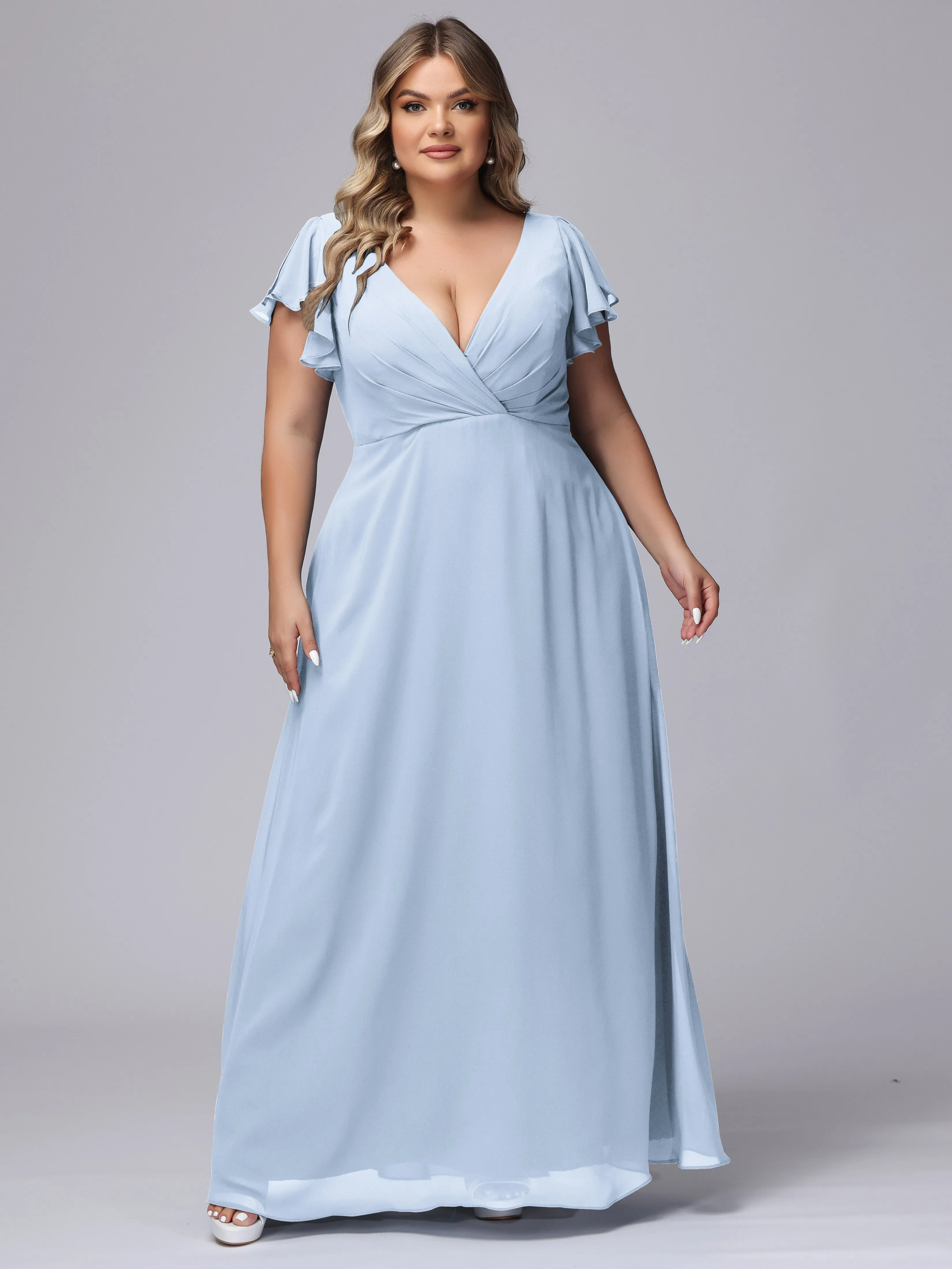 A-line Short Sleeves V-neck Chiffon Plus Size Long Bridesmaid Dresses