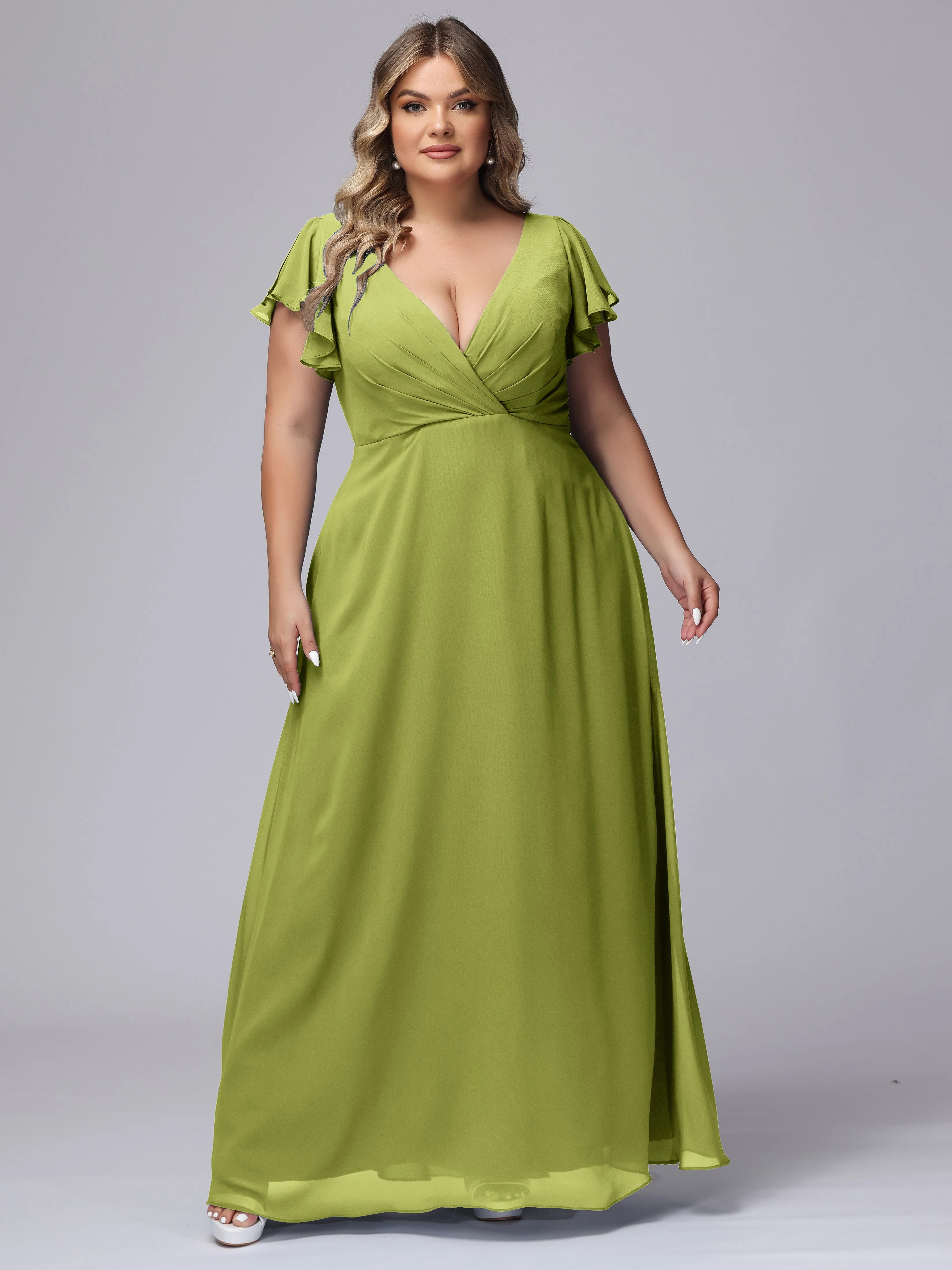 A-line Short Sleeves V-neck Chiffon Plus Size Long Bridesmaid Dresses