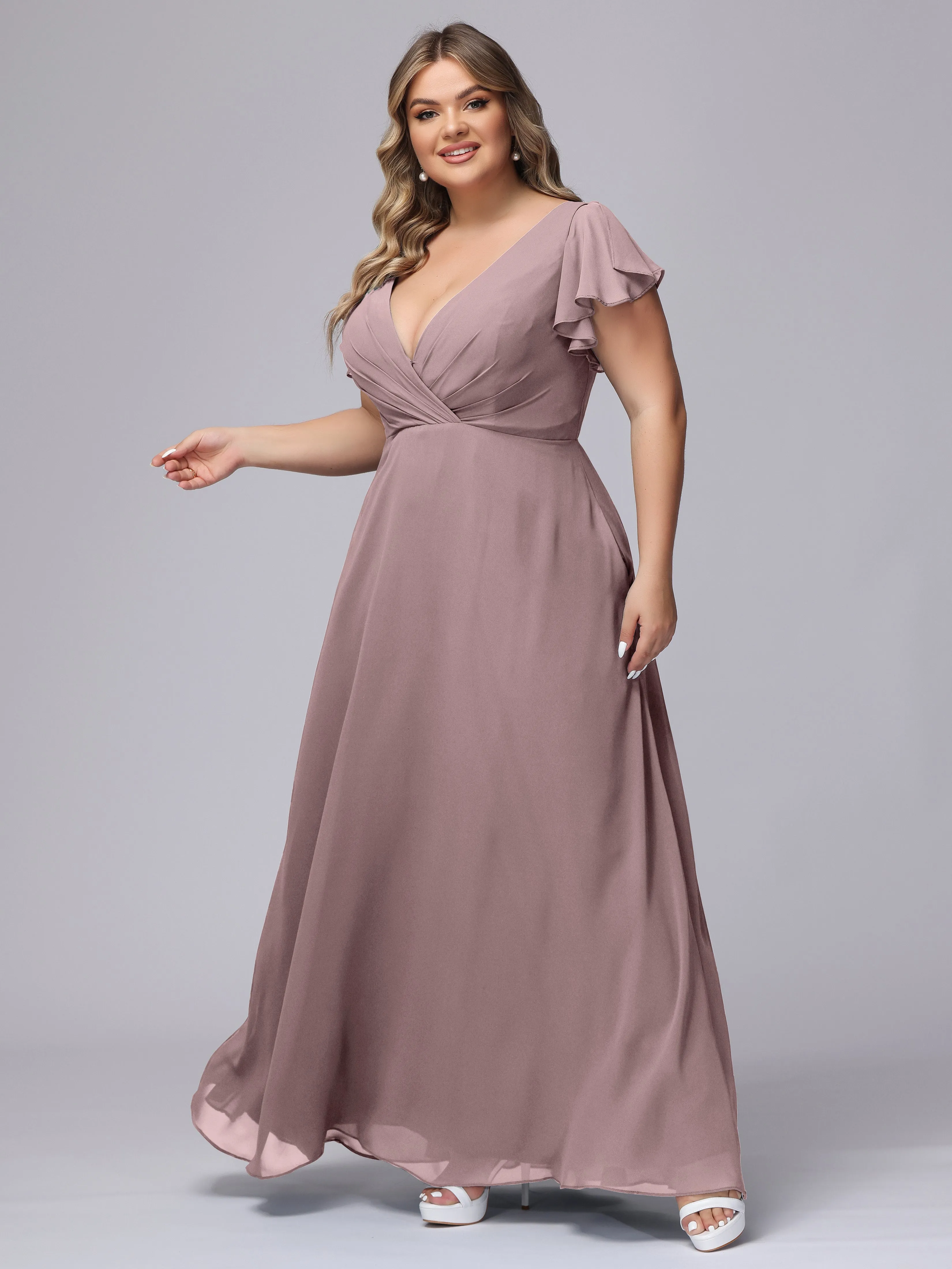 A-line Short Sleeves V-neck Chiffon Plus Size Long Bridesmaid Dresses