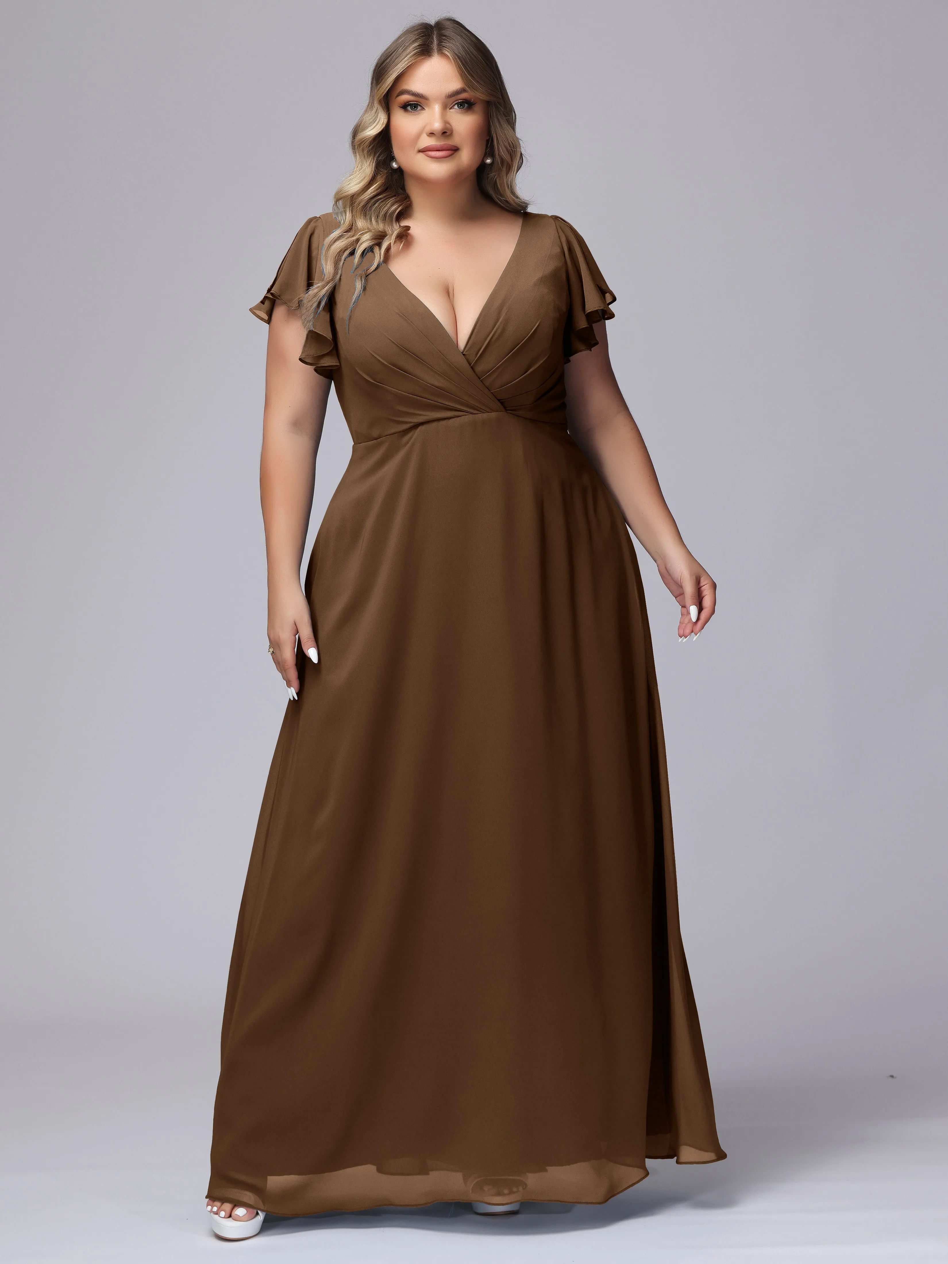 A-line Short Sleeves V-neck Chiffon Plus Size Long Bridesmaid Dresses
