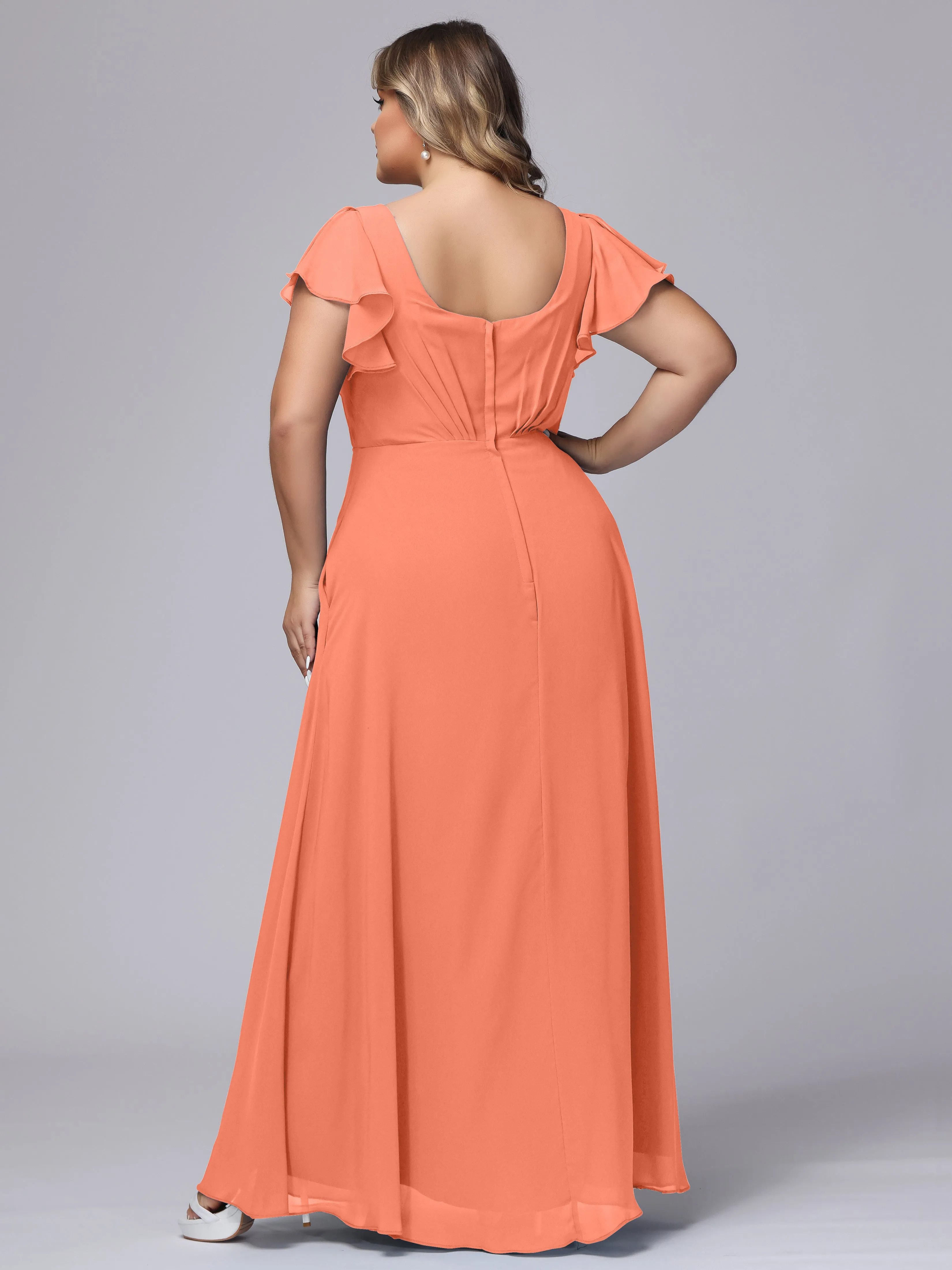 A-line Short Sleeves V-neck Chiffon Plus Size Long Bridesmaid Dresses